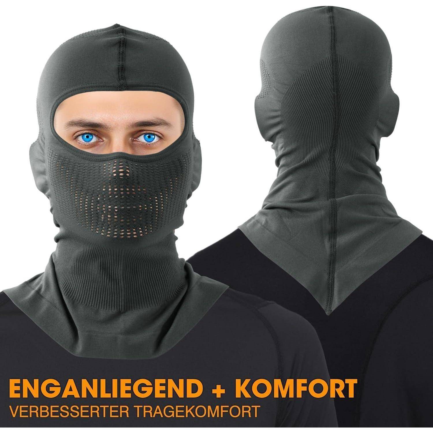 Produktbild einer schwarzen Sturmhaube-ähnliche Gesichtsmaske von vorne und hinten gezeigt, mit offenen Augen und einem perforierten Mundbereich; deutscher Text liest 'ENGANLIEGEND + KOMFORT' und 'VERBESSERTER TRAGEKOMFORT'.