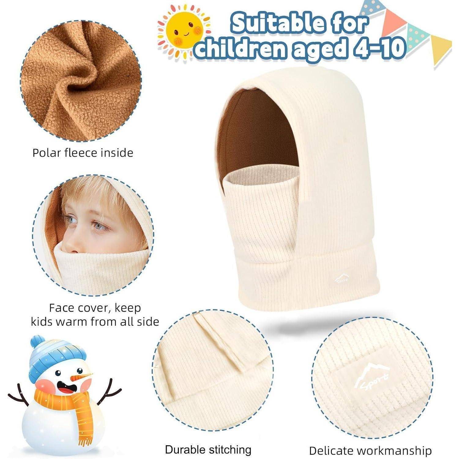 Produktbild einer cremefarbenen Kinder-Wintermütze mit Gesichtsschutz, gekennzeichnet als geeignet für Kinder im Alter von 4–10 Jahren, mit Nahaufnahmen, die die Polarfleece-Fütterung, die Gesichtsabdeckung, die strapazierfähige Nahtarbeit und die sorgfältige Verarbeitung zeigen.