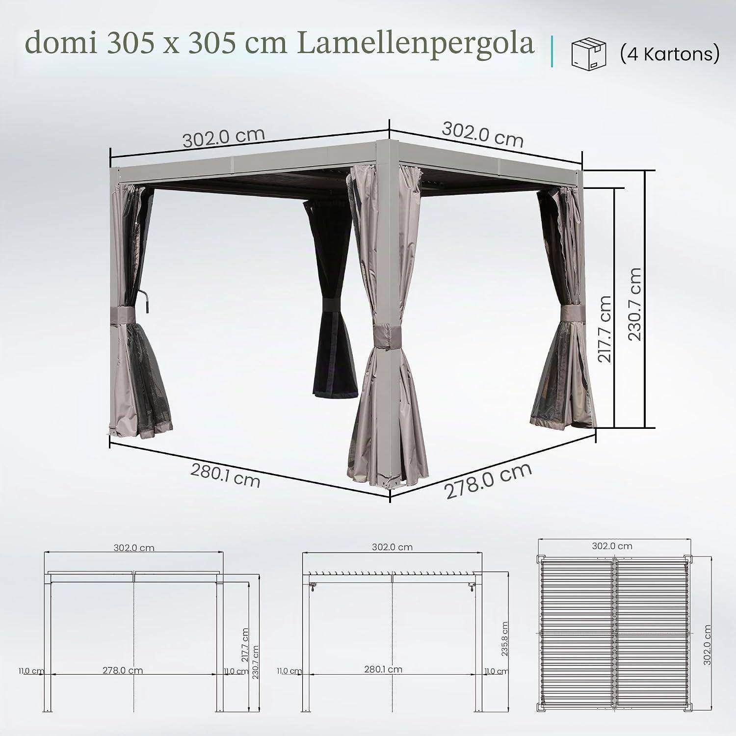 Diagramm einer „domi 305 x 305 cm Lamellenpergola" mit einer Pergola mit Vorhängen und Beschriftungen der Abmessungen, plus drei technische Ansichten und Hinweis auf „4 Kartons"" Verpackung.