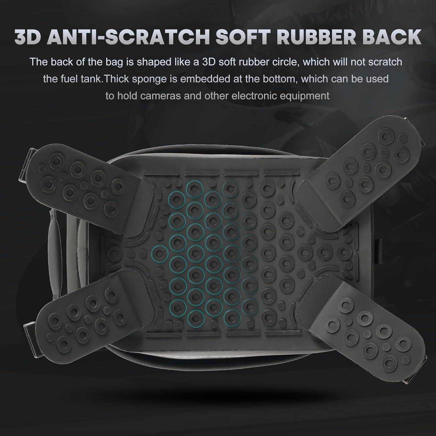 Rückseite einer Tasche mit 3D-Kratzfestpolstern aus weichem Gummi und dicker Schwammauflage, entworfen zum Schutz eines Kraftstofftanks und zur Befestigung von Kameras oder elektronischen Geräten.