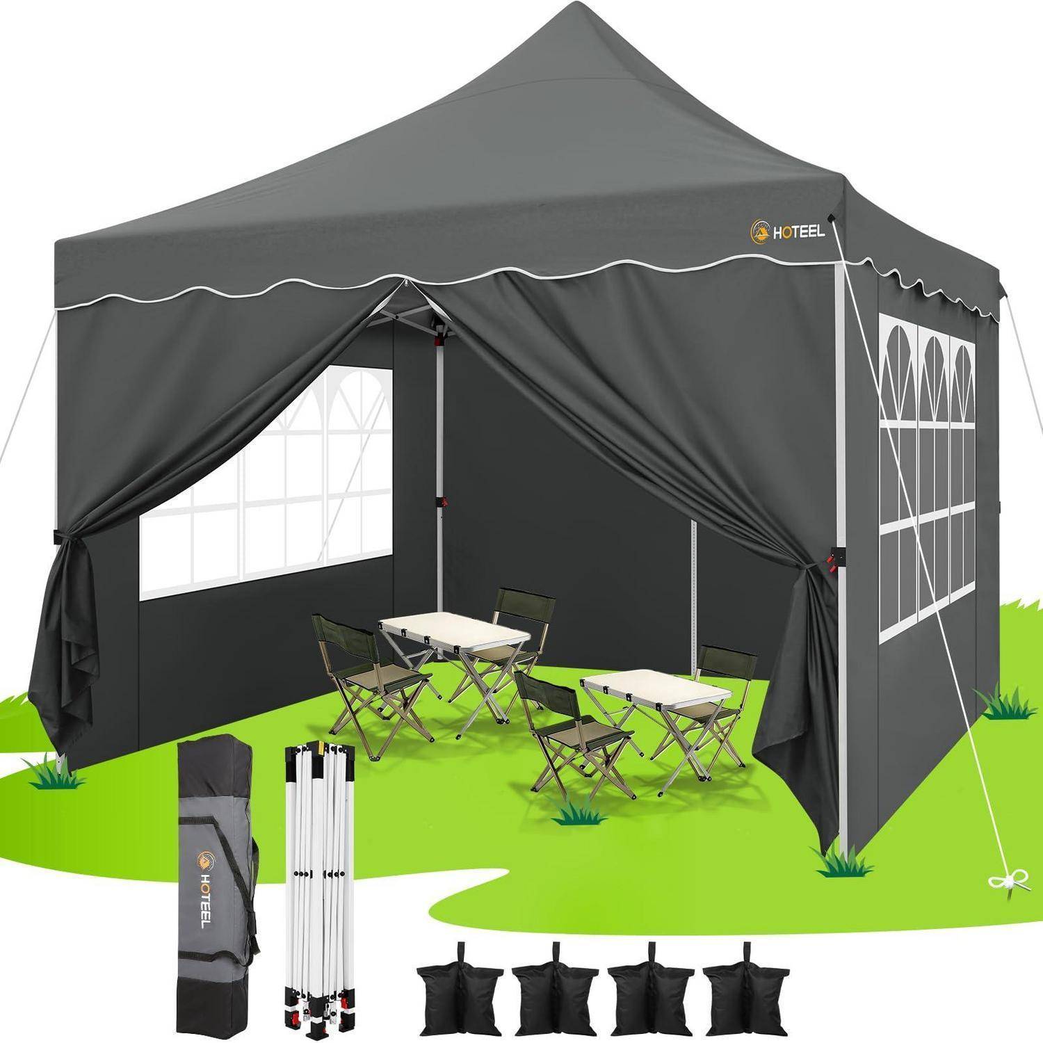 Graues Pop-Up-Pavillon-Zelt mit offenen Seitengardinen, Klapptische und Stühle im Inneren, plus Tragetasche und Stützpfähle wie unten dargestellt.