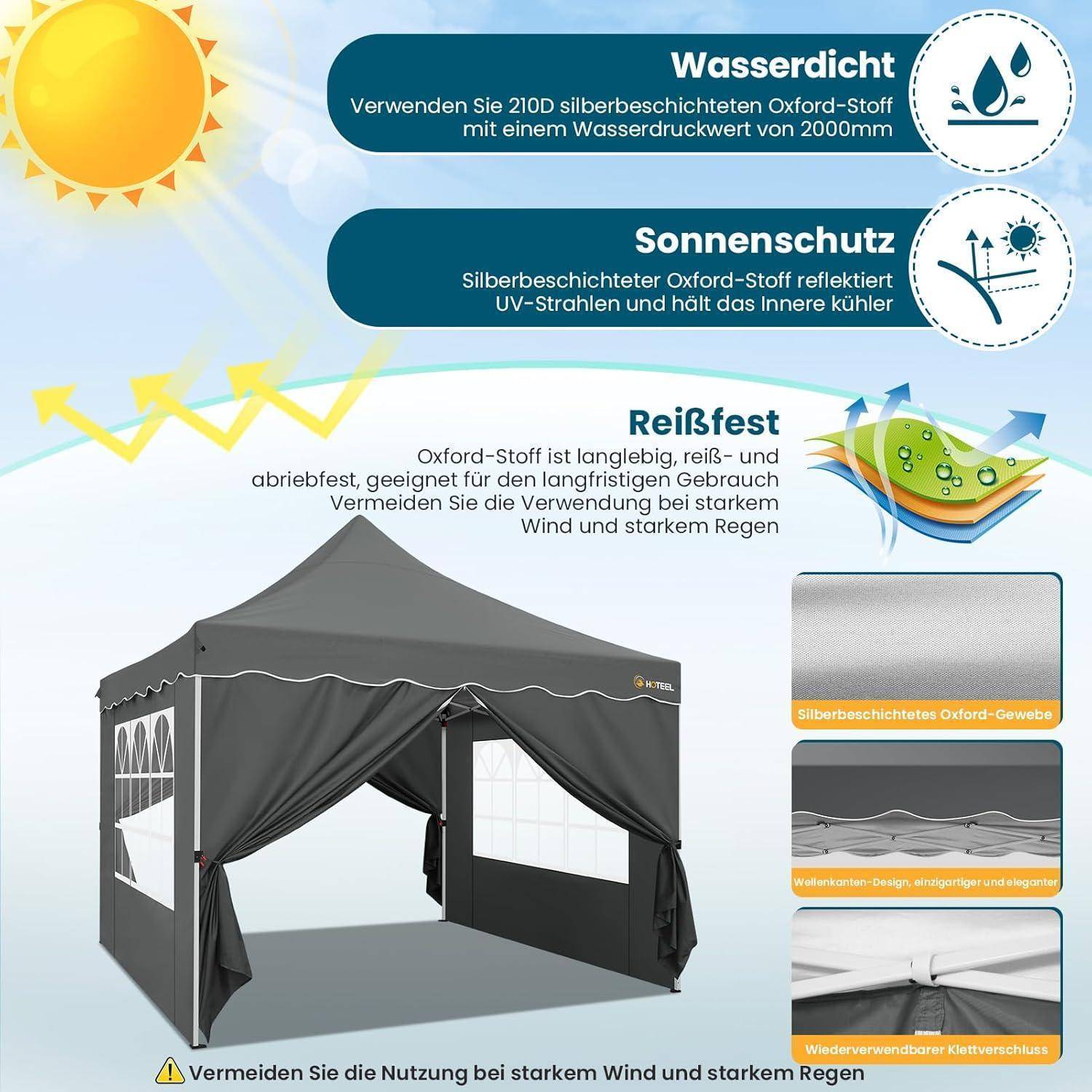 Deutsches Produktgrafik zeigt ein graues Schnell-Auf-Zelt mit Beschriftungen 'Wasserdicht', 'Sonnenschutz' und 'Reißfest', die UV-, Regen- und Reißfestigkeit hervorheben.