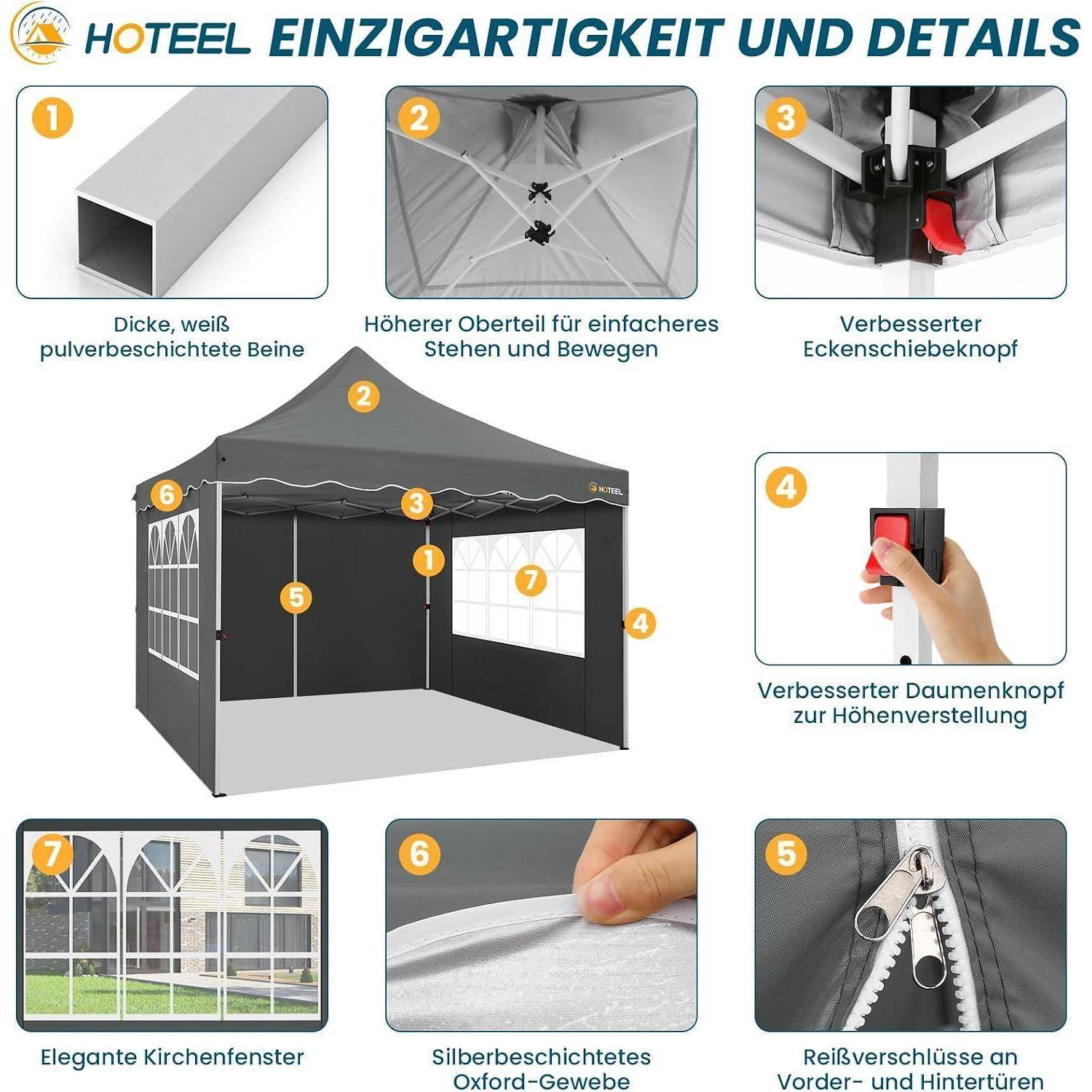 Illustrierte Produktdiagramm eines schwarzen Pop-up-Pavillon-Zelts mit Hervorhebung von 7 Merkmalen: pulverbeschichtete Beine, erhöhtes Dach, verbesserte Ecken- und Daumenknöpfe, Fenster, Silberbeschichtung und Reißverschlüsse.