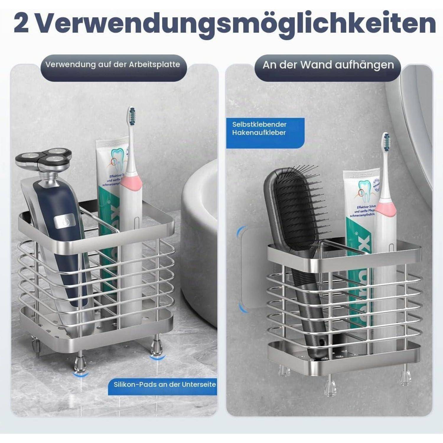 Illustration eines an der Wand montierten Aufbewahrungskorbes, gezeigt auf einer Arbeitsplatte mit Toilettenartikeln und an der Wand montiert mit einer Bürste und Zahnpasta; deutscher Text besagt „2 Verwendungsmöglichkeiten