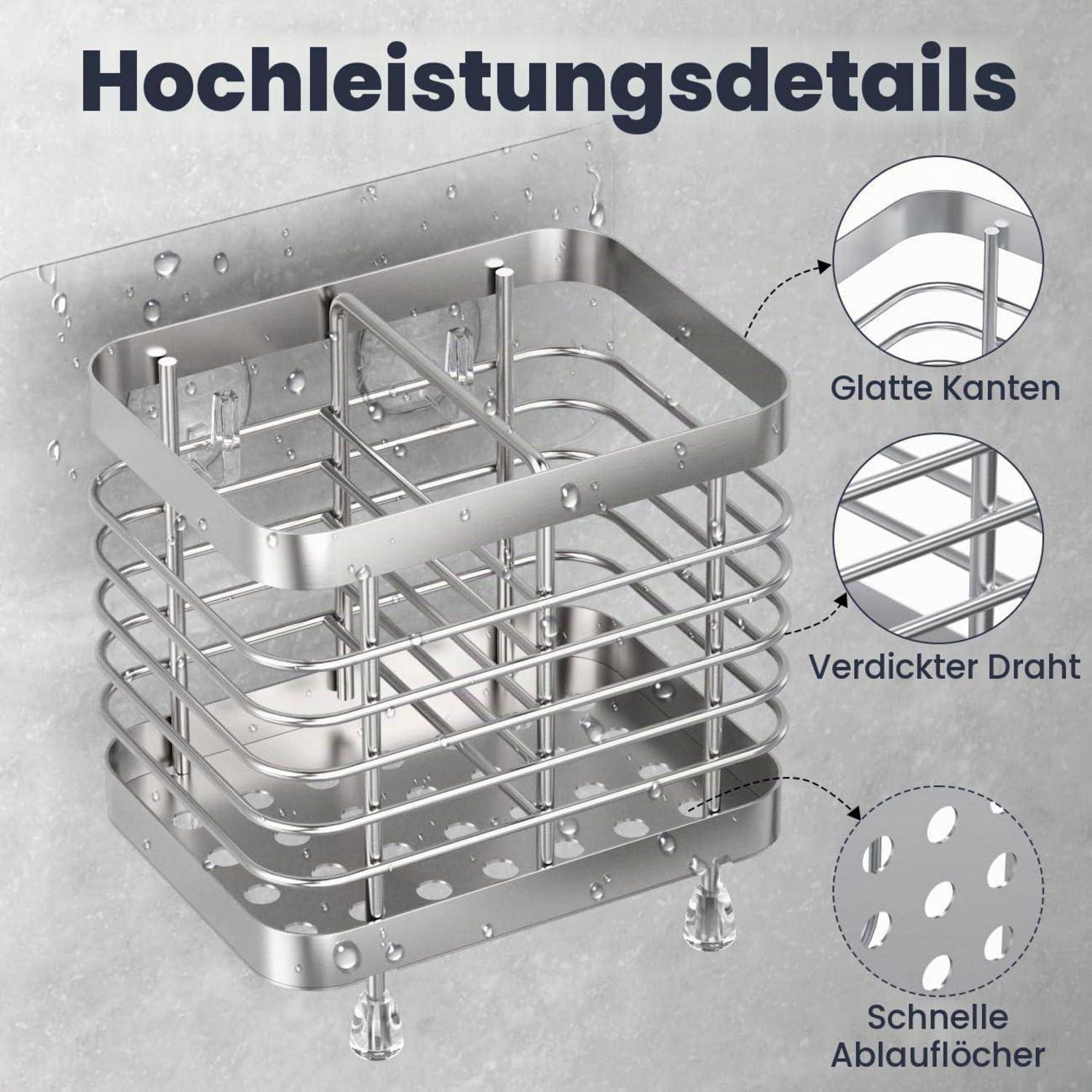 Metallgitterkorb mit oberer Kante und durchlochtem Boden, auf Deutsch gekennzeichnet mit Hervorhebung von glatten Kanten, dickem Draht und schnellen Drainagelöchern.