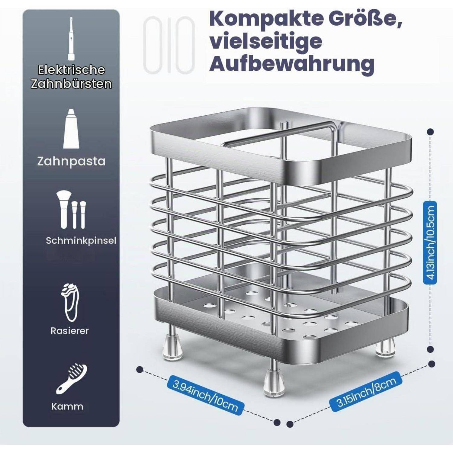Quadratischer Edelstahl-Aufbewahrungskorb mit der Aufschrift „Kompakte Größe, vielseitige Aufbewahrung