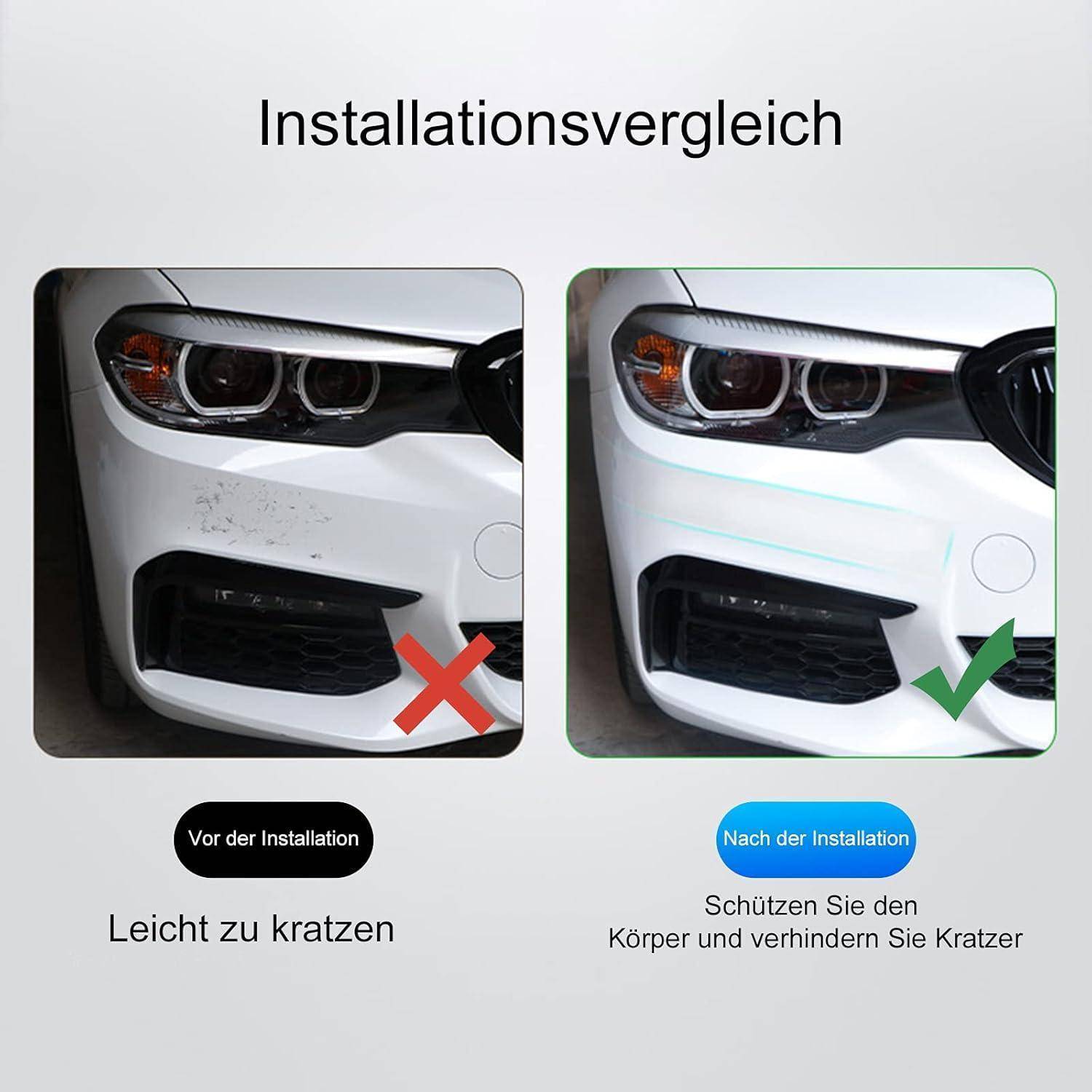 Vergleichsbild, das eine Autostoßstange vorne und einen Scheinwerfer vor und nach der Installation zeigt; links ist die Stoßstange zerkratzt und mit einem roten X gekennzeichnet, rechts ist sie geschützt und mit einem grünen Häkchen gekennzeichnet.