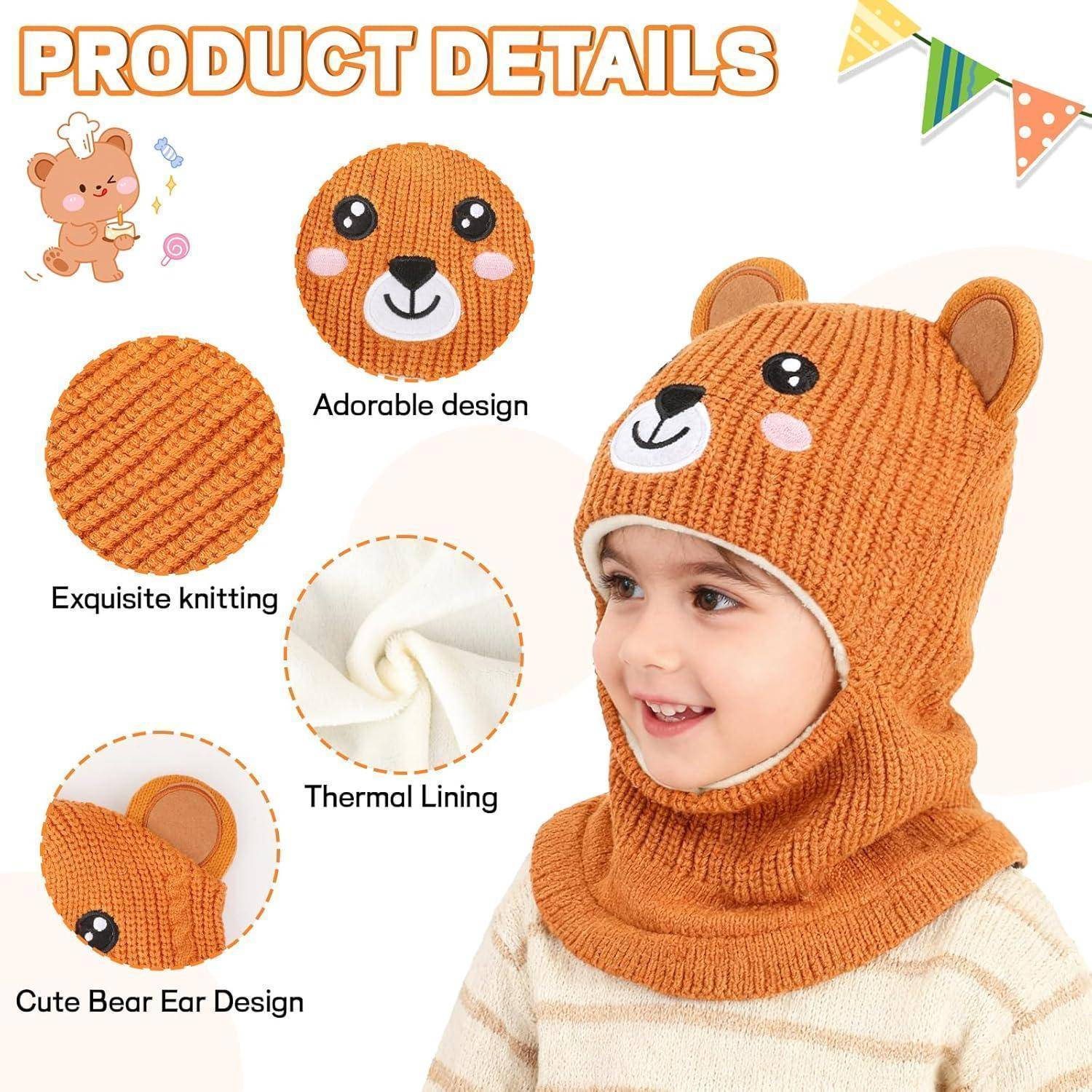 Produktdetails-Grafik mit einer orangefarbenen Strickmütze mit Bärenohren und einem Halswärmer für Kinder, die das niedliches Design, die exquisite Strickverarbeitung, das wärmende Futter und das süße Design mit Bärenohren hervorheben.