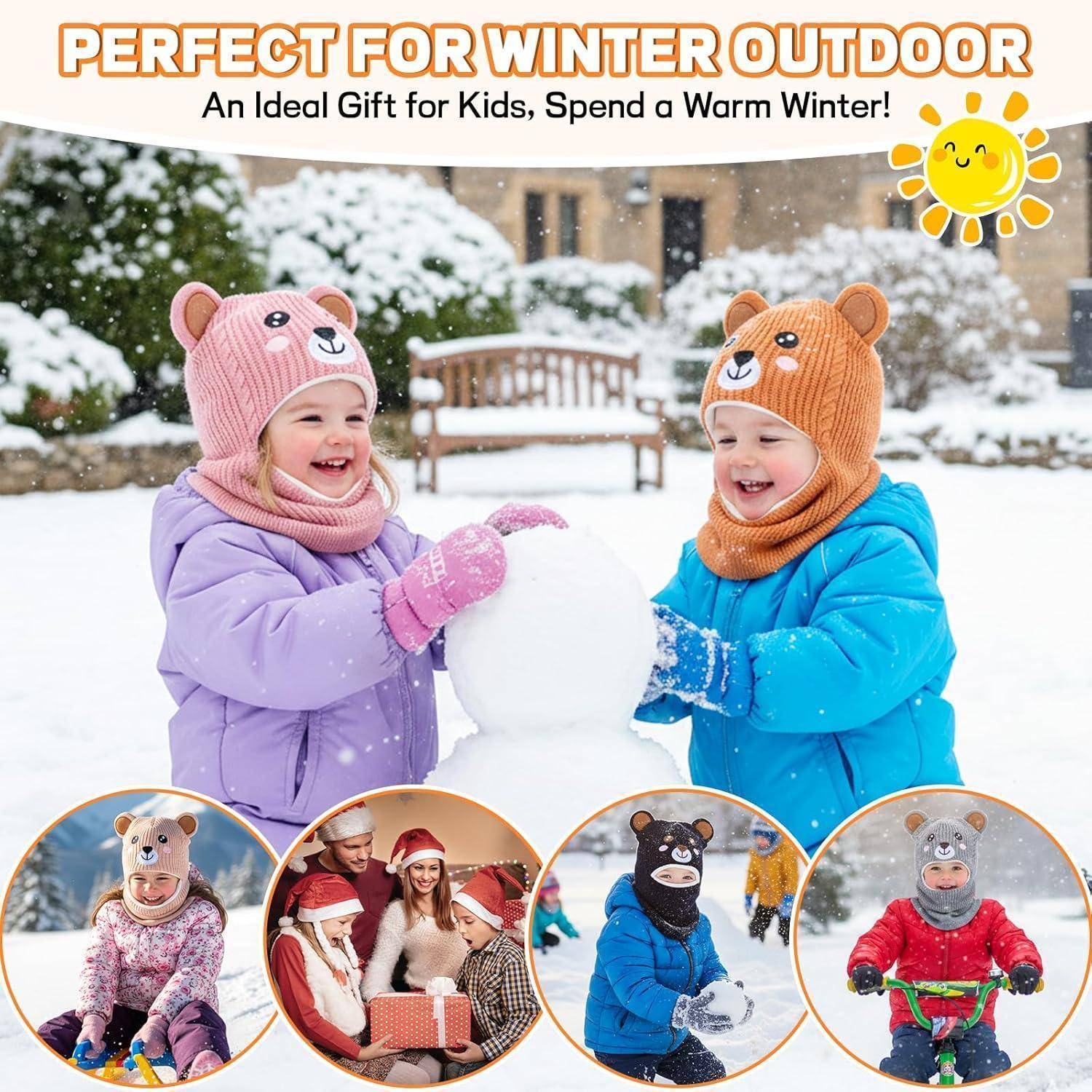 Winterliche Aktionsanzeige mit zwei Kindern, die einen Schneemann bauen, mit dem Text „PERFEKT FÜR WINTERAKTIVITÄTEN IM FREIEN" und „Ein ideales Geschenk für Kinder, verbringt einen warmen Winter zusammen!"" sowie kleine Produktfotos darunter.