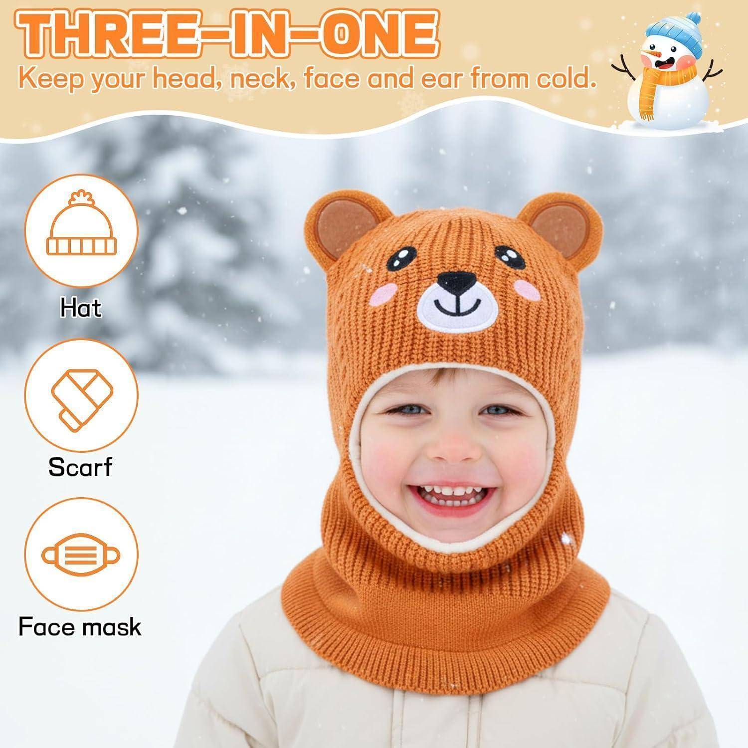 Anzeige für eine 3-in-1-Winterstrickmütze mit Mütze, Schal und Gesichtsmaske; ein Kind trägt ein orangefarbenes Bärenmuster, mit dem Text „Halte deinen Kopf, Hals, Gesicht und Ohren vor Kälte warm."