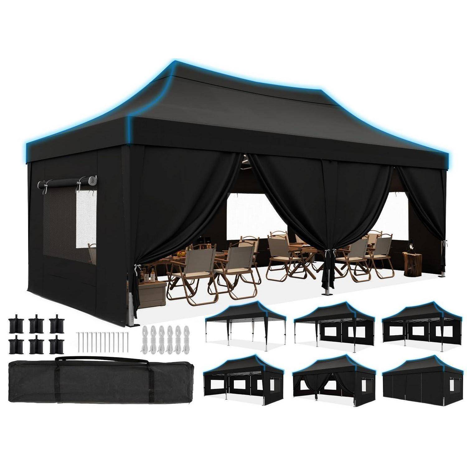 Schwarzes Pop-up-Baldachindach mit Seitenwänden und Vorhängen, abgebildet mit Stühlen und Tischen innen sowie mit Heringen, Seilen und Tragetasche.