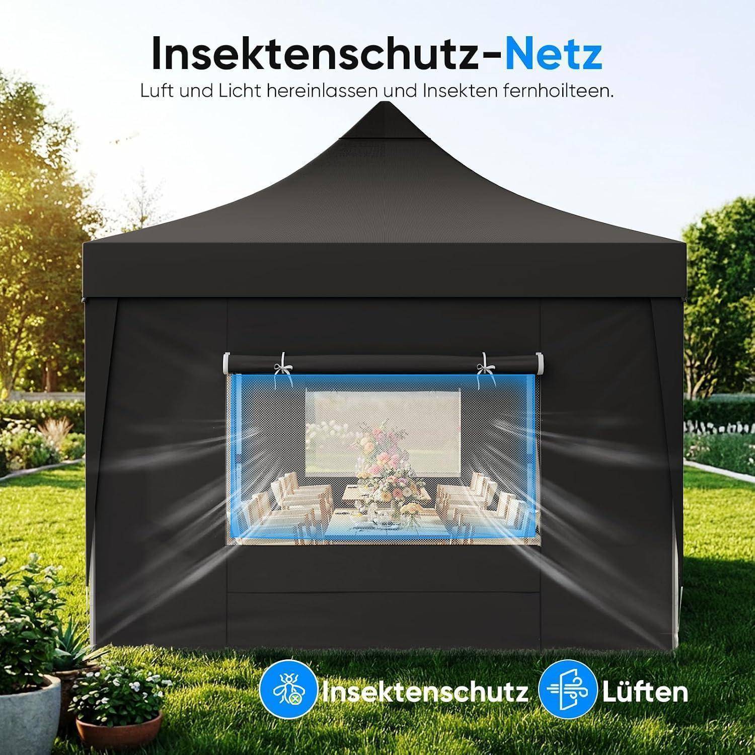Schwarzes Gartenpavillon-Zelt mit blauem Insektenschutzfenster; Deutscher Text sagt „Insektenschutz-Netz" und „Luft und Licht hereinlassen und Insekten fernhalten."