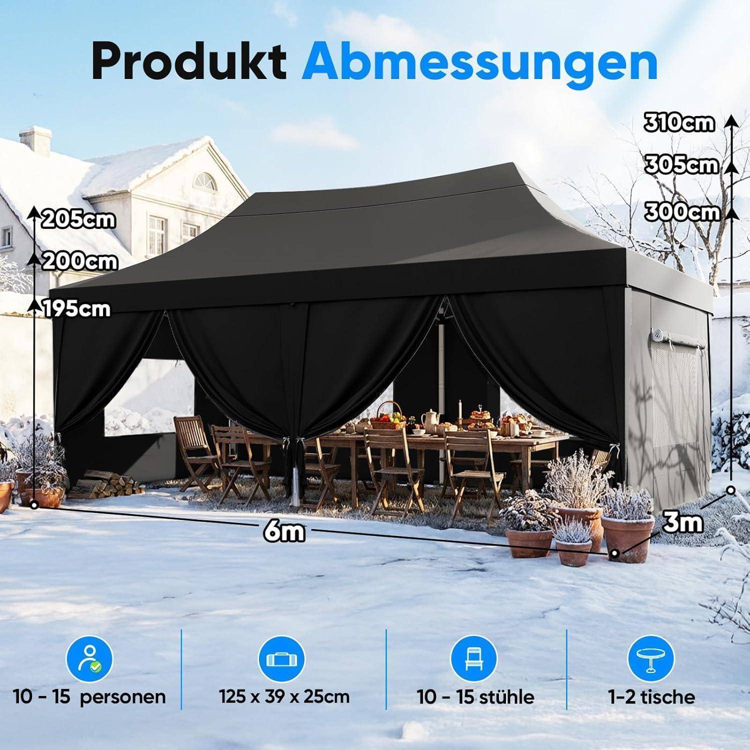 Schwarzes Baldachindachzelt-Produktdimensionsdiagramm mit einer Grundfläche von 6m mal 3m, seitliche Höhe von 195-205cm, Spitzenhöhe von 300-310cm, Platz für 10-15 Personen, 10-15 Stühle, 1-2 Tische.