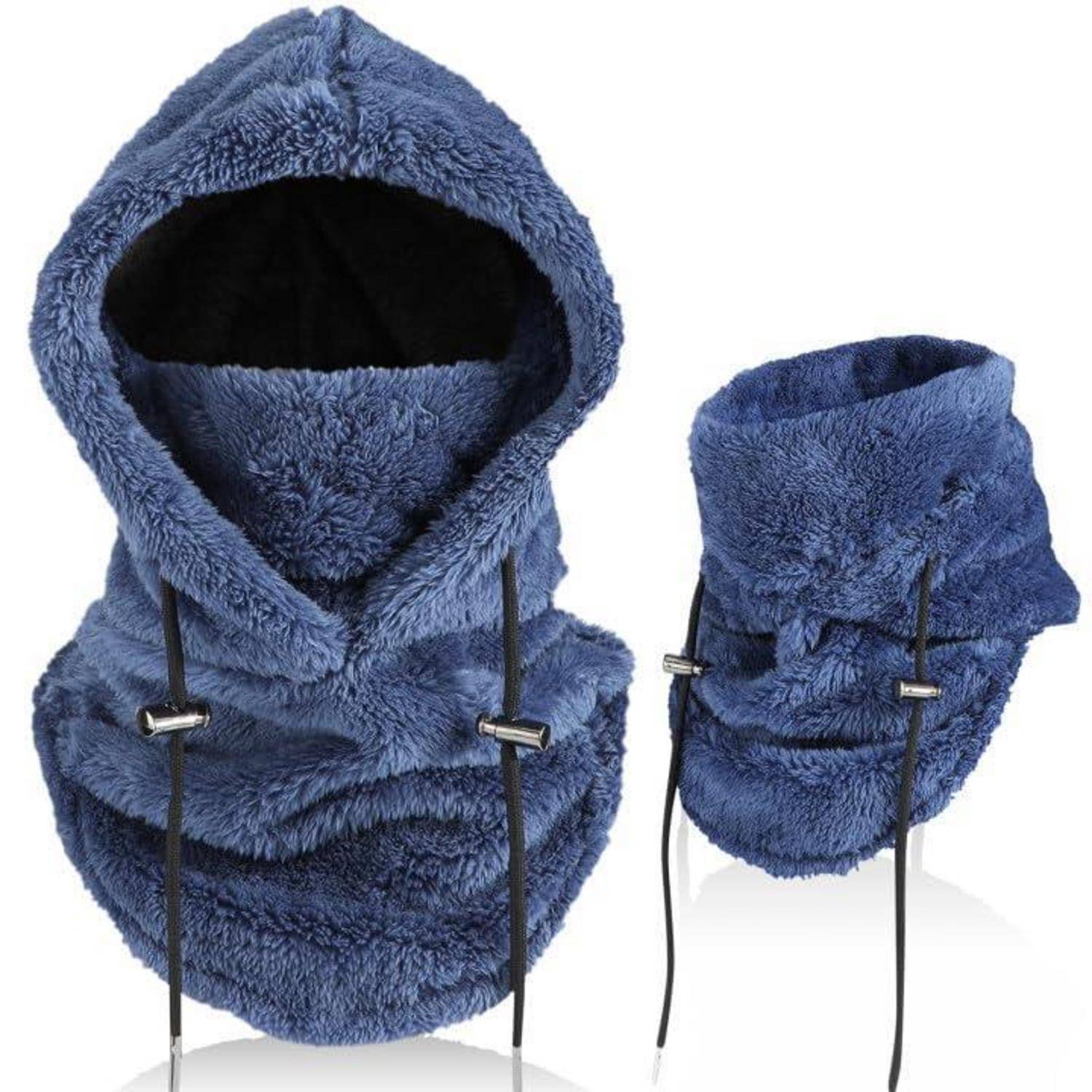 Blauer flauschiger Kapuzenhals-Wärmer, shown von vorne und von der Seite, mit Zugschnüren und einem dicken Fleece-Stoffdesign.