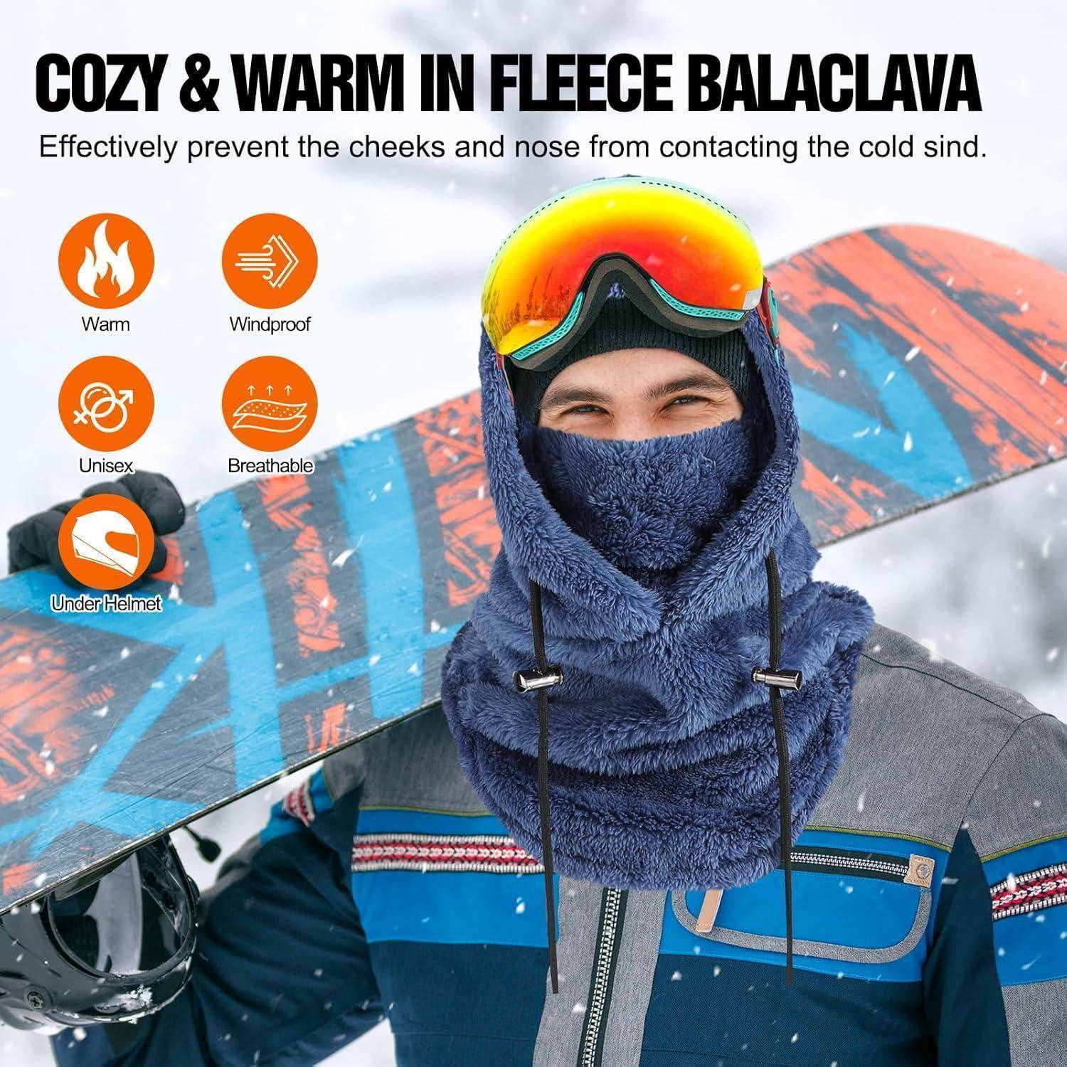 Person in Skiausrüstung mit Fleece-Gesichtsmaske und Schutzbrille im Schnee, mit Text zur Bewerbung von Wärmeleistung, Windschutz, Atmungsaktivität und Verwendung unter dem Helm.