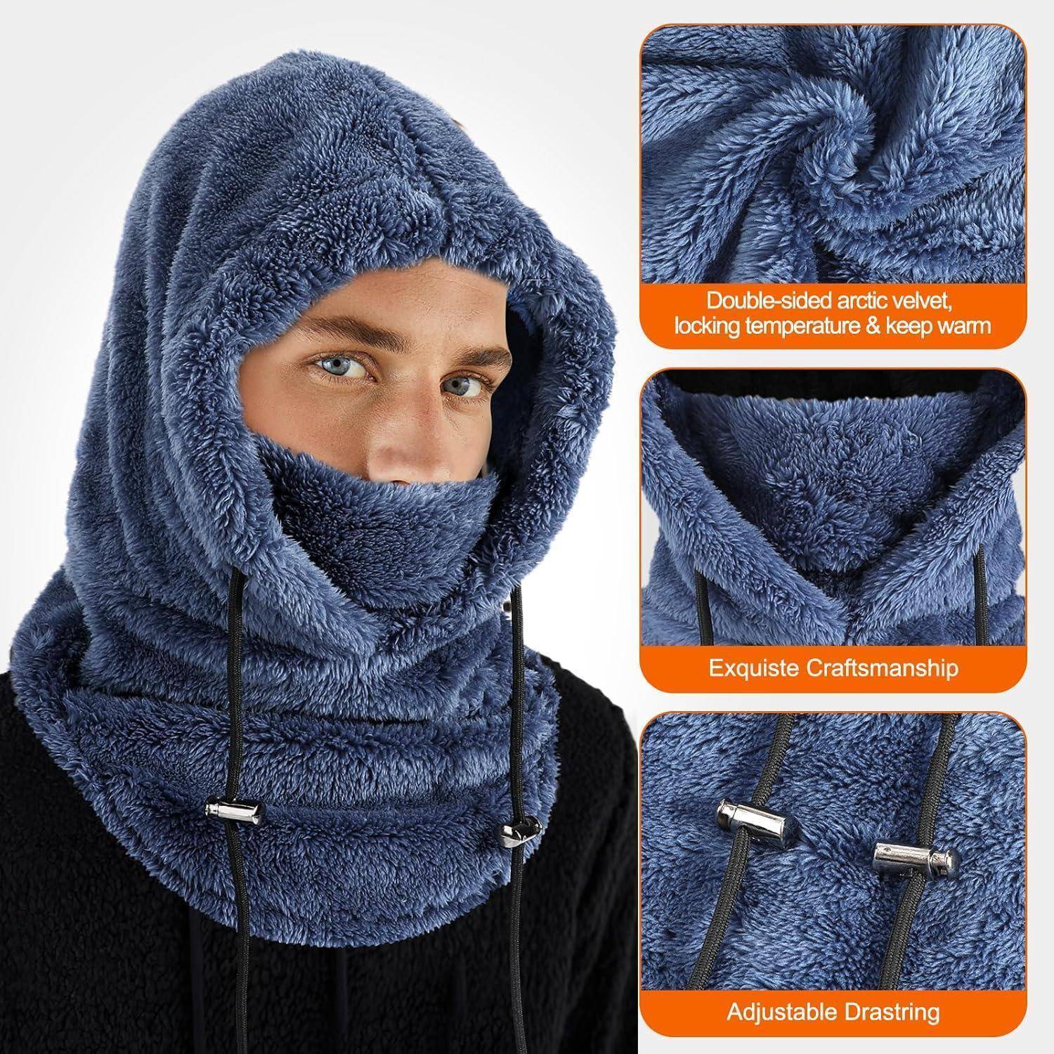 Person trägt eine blaue Plüschkapuze und einen Gesichts-Schal aus Wintermaterial; Seitenpanels zeigen Nahaufnahmen mit den Beschriftungen „Doppelseitiger arktischer Samtvelours, sperrt Temperatur & hält warm