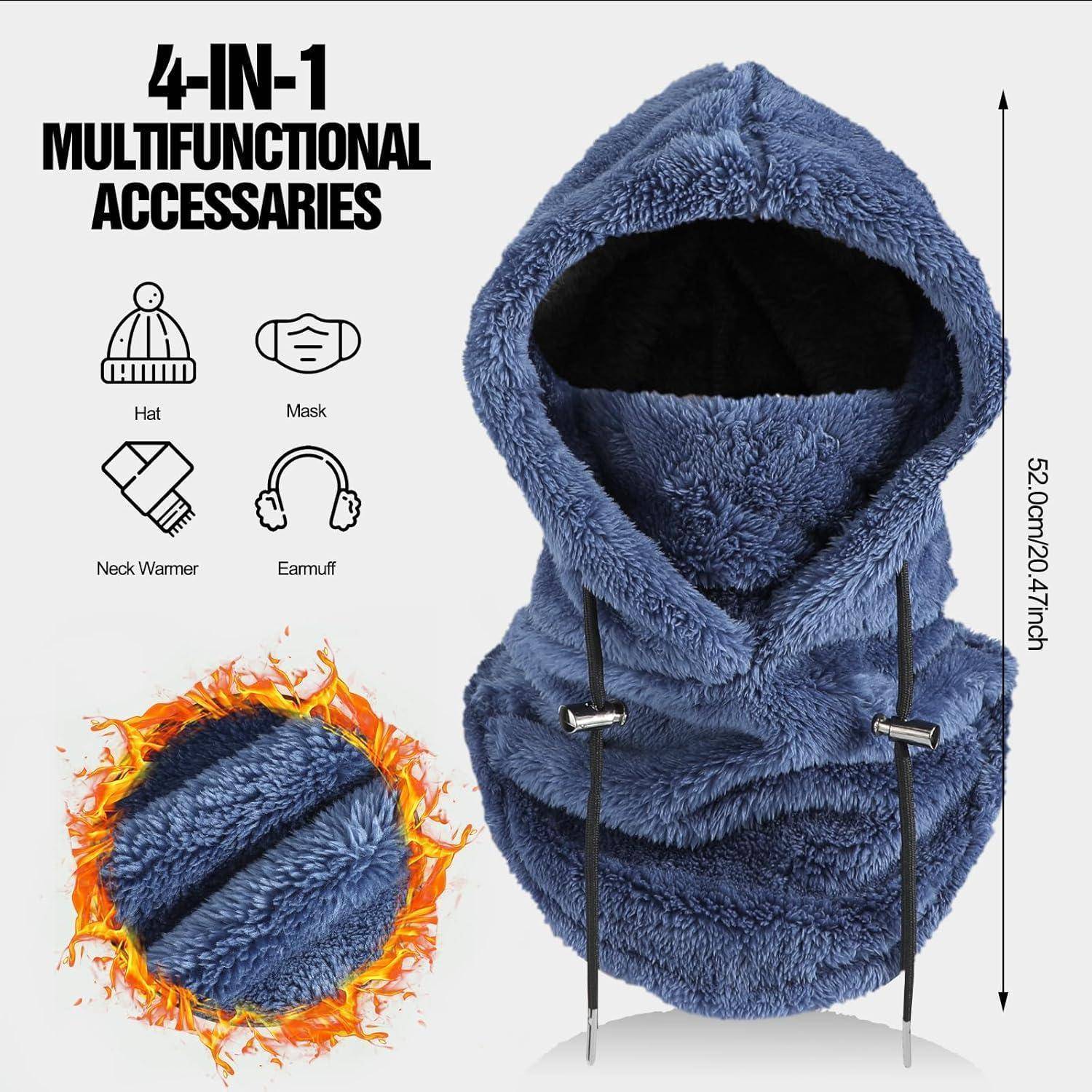 Produktangeige für ein blaues 4-in-1-Multifunktionszubehör, das als Hut, Maske, Nackenwärmer oder Ohrenschützer getragen werden kann; gezeigt mit Größe 52,0 cm