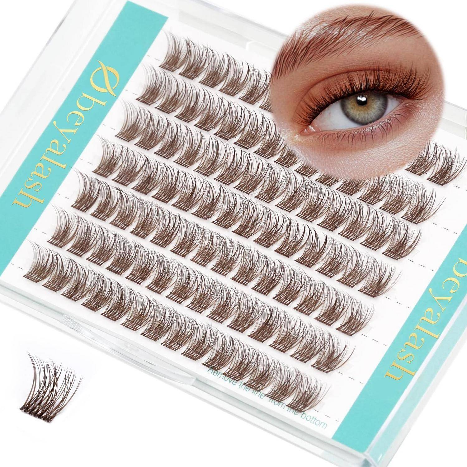 Paket mit falschen Wimpern mit mehreren Wimpernreihen und eine Nahaufnahme des Auges, die den Effekt zeigt; ein Wimpernstreifen wird separat gezeigt.