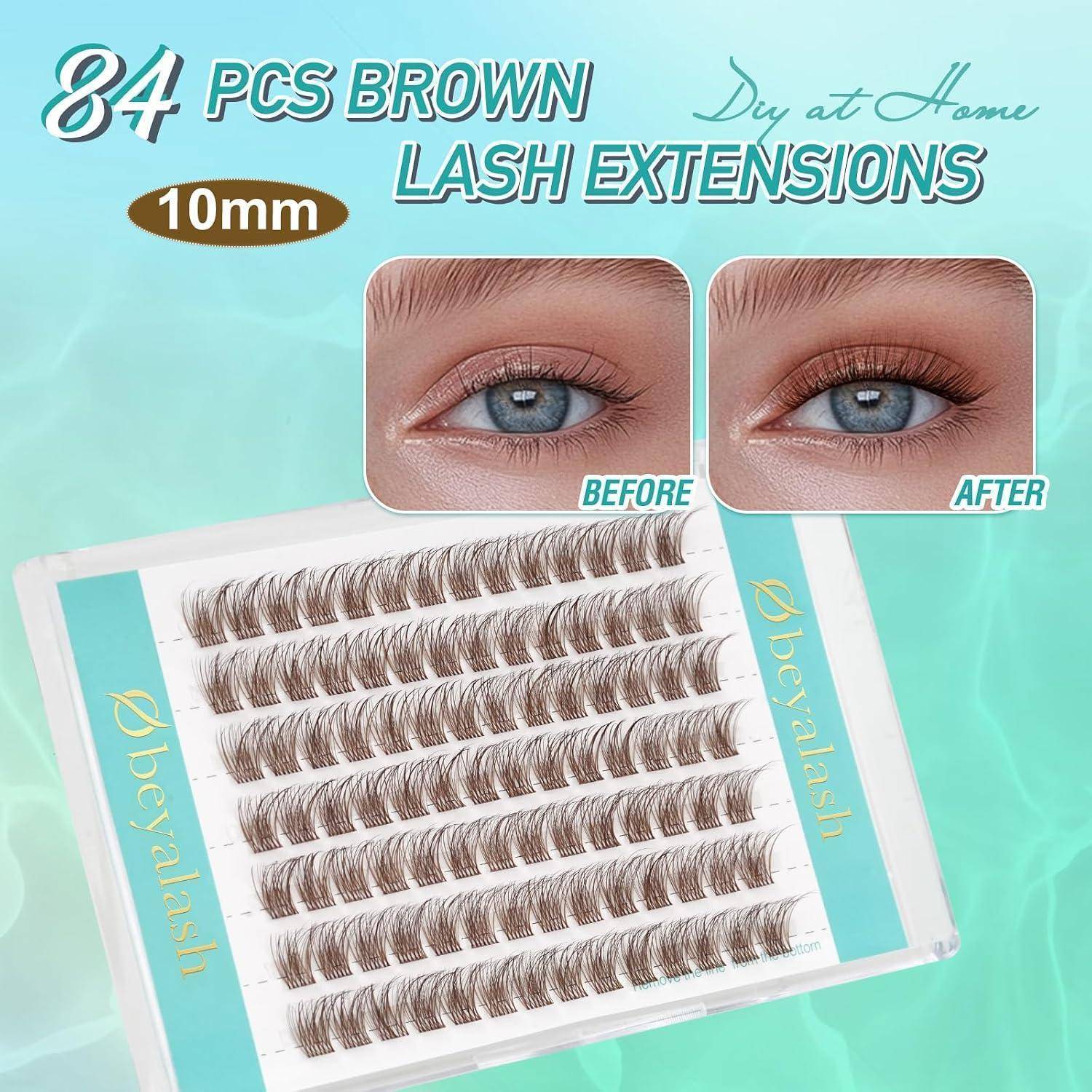 Anzeige für 84 braune 10-mm-Wimpernverlängerungen, mit Vorher-Nachher-Bildern der Augen und einem Tablett mit künstlichen Wimpern für die DIY-Anwendung zu Hause.