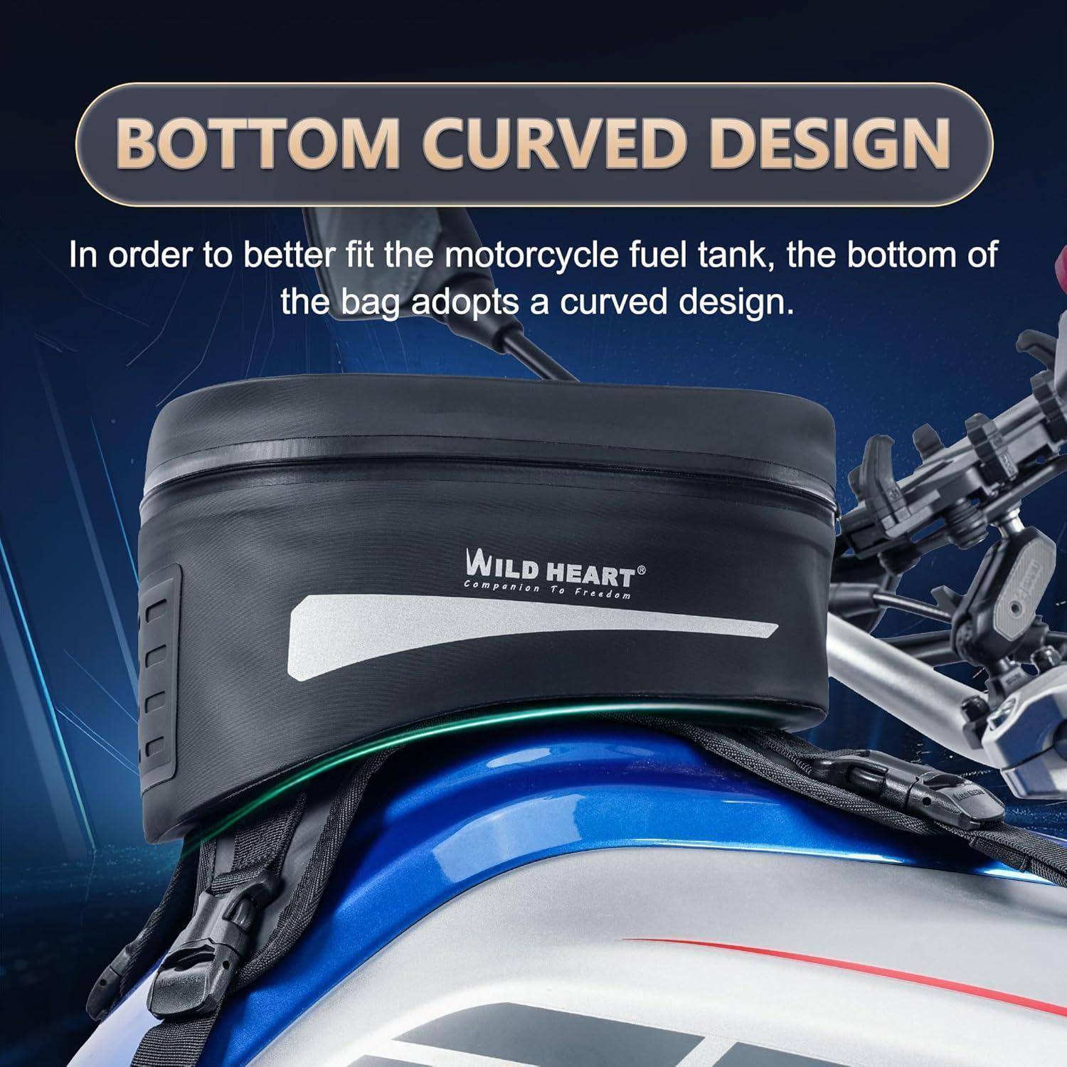 Werbebild einer Motorrad-Tankttasche mit der Aufschrift „WILD HEART" und Text, der das „unten geschwungenes Design"" hervorhebt, um sich dem Kraftstofftank anzupassen.