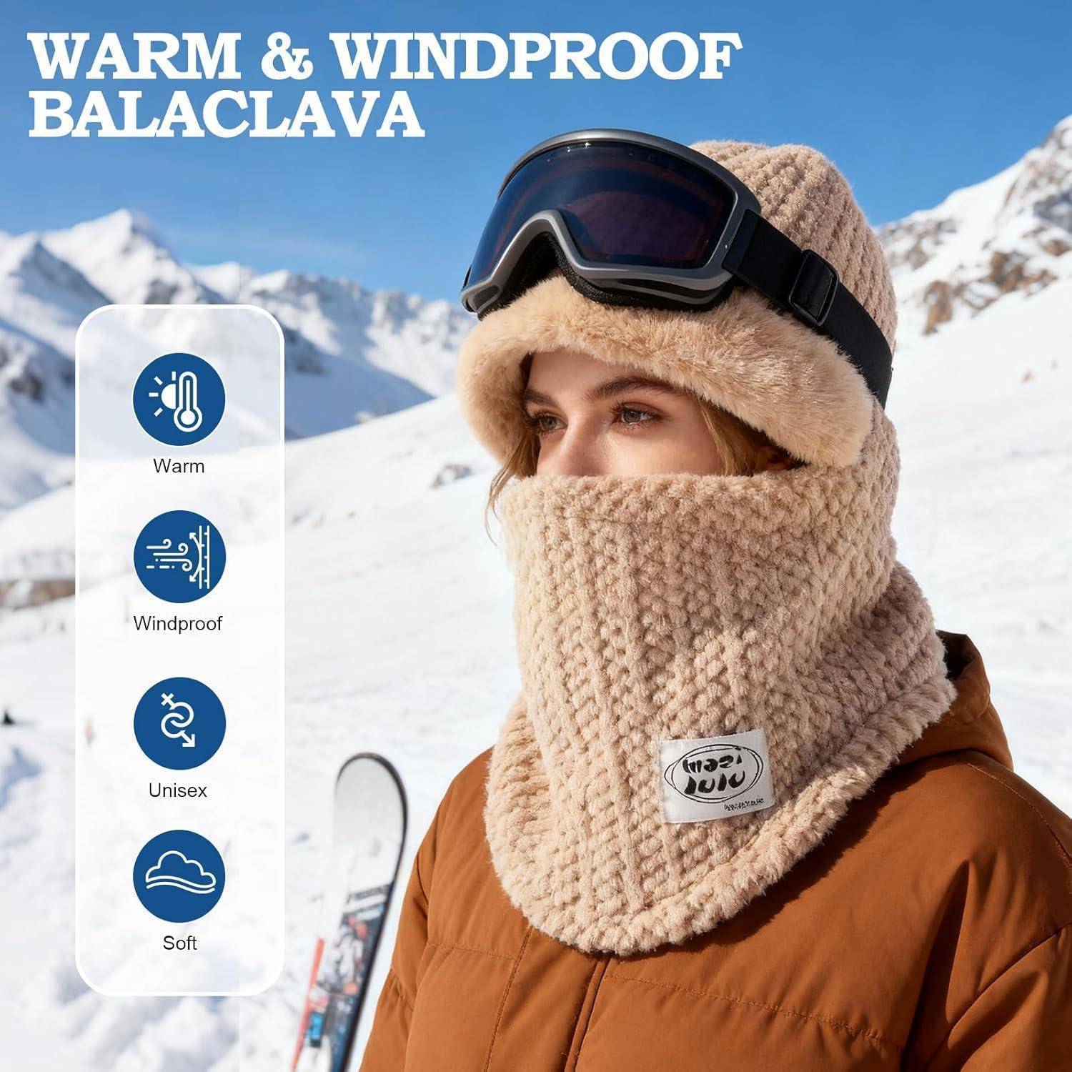 Frau in Skiausrüstung trägt eine beige warme, winddichte Sturmhaube in verschneiten Bergen; Anzeigentext lautet „WARME & WINDDICHTE STURMHAUBE" und Symbole zeigen Warm, Winddicht, Unisex, Weich.