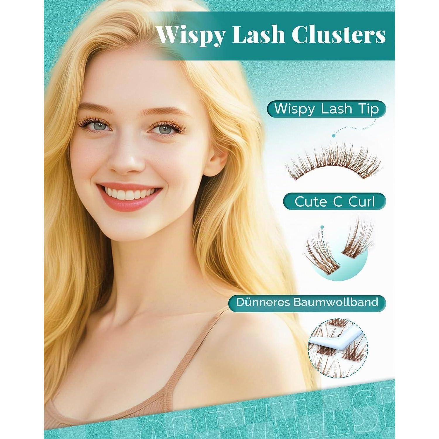 Werbegrafik einer lächelnden blonden Frau mit beschrifteten Wimpernverlängerungen mit dem Titel „Wispy Lash Clusters
