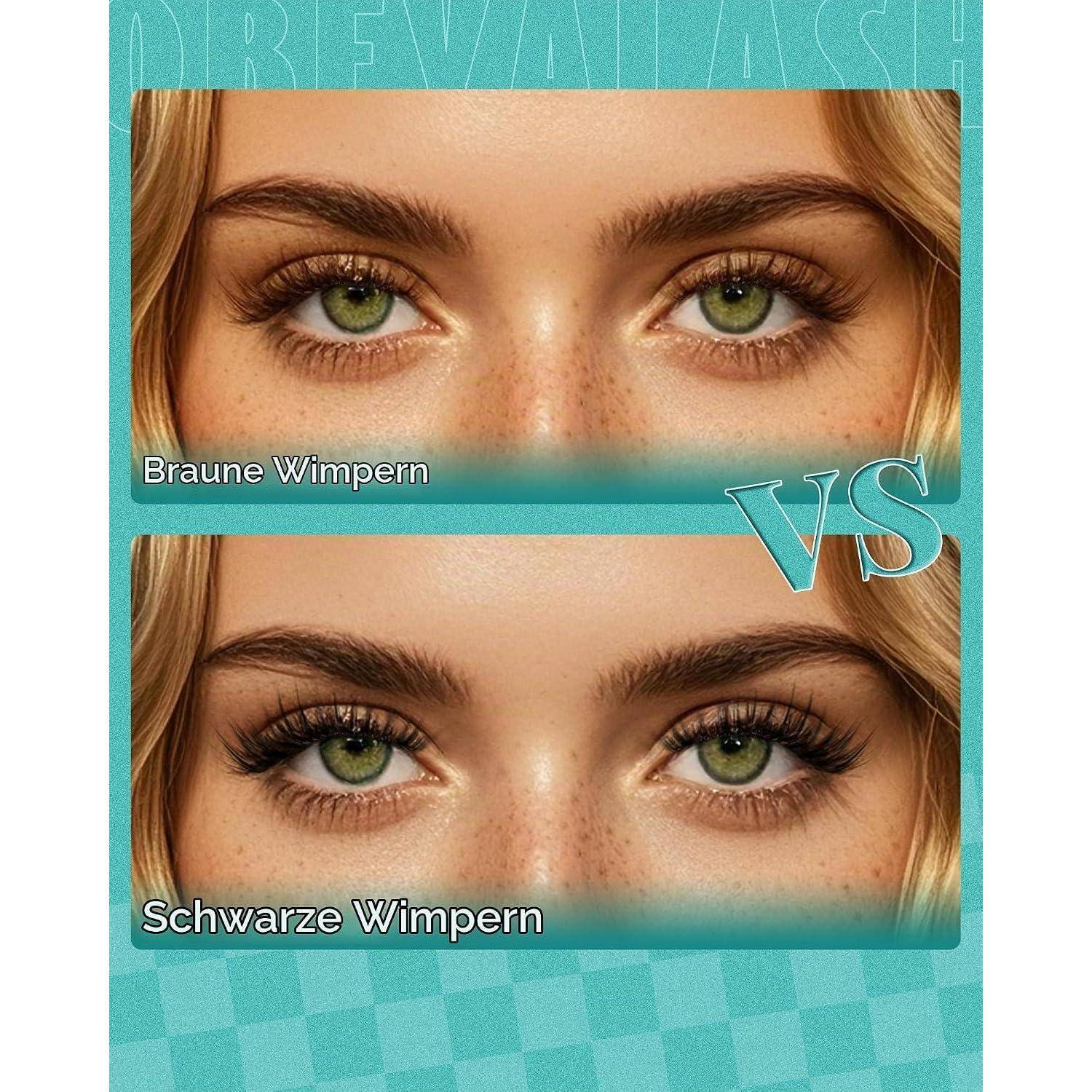 Vergleichsgrafik der Augen derselben Frau mit braunen Wimpern oben und schwarzen Wimpern unten, beschriftet mit „Braune Wimpern