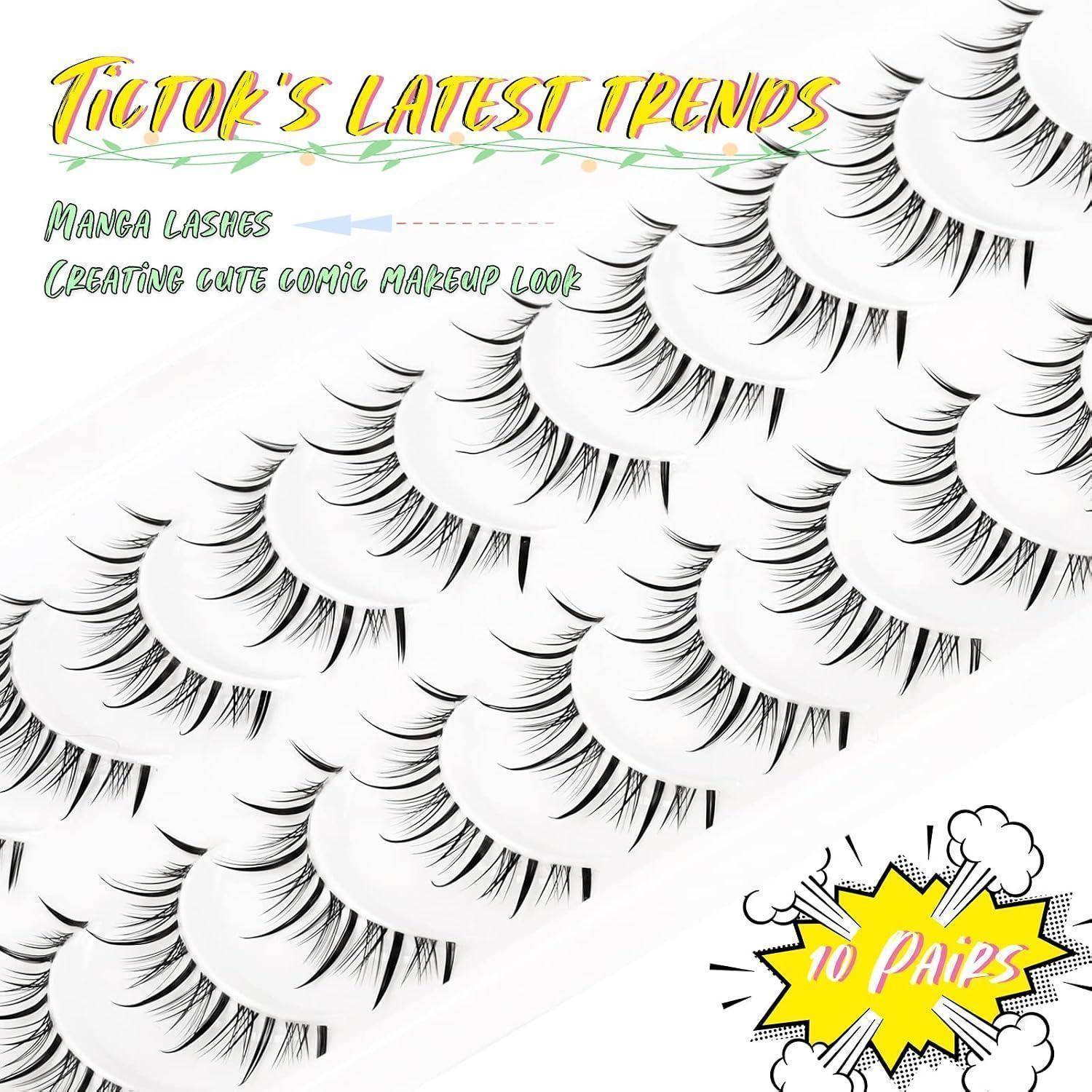 Grafik von Manga-Wimpern diagonal angeordnet, beschriftet mit „TikToks neueste Trends