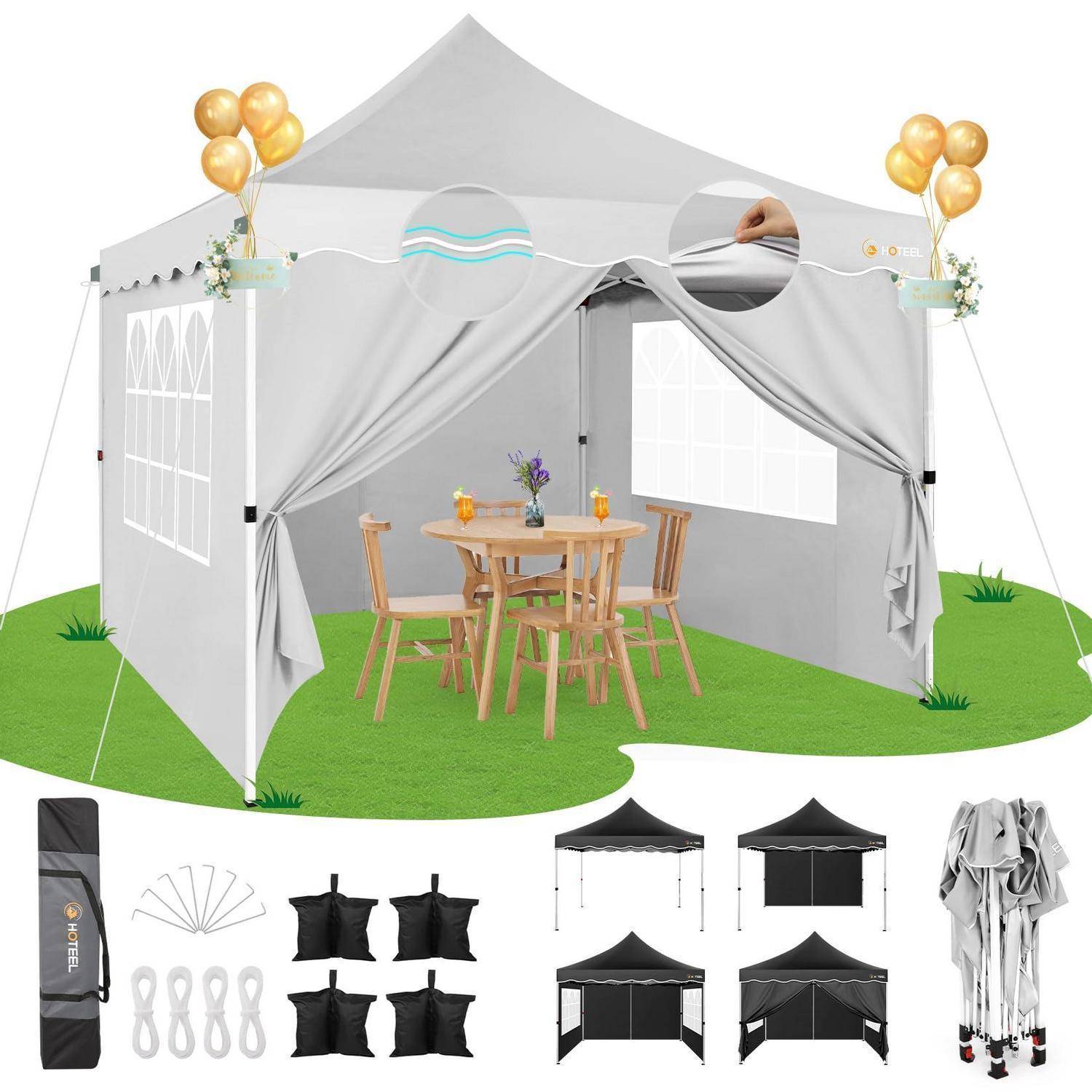 Graues Outdoor-Pavillon-Zelt mit offenen vorderen Vorhängen, Tisch und Stühle im Inneren, dargestellt mit enthaltenen Zubehörteilen, Heringen, Gewichten, Aufbewahrungstasche und Aufbaubeispielen unten.
