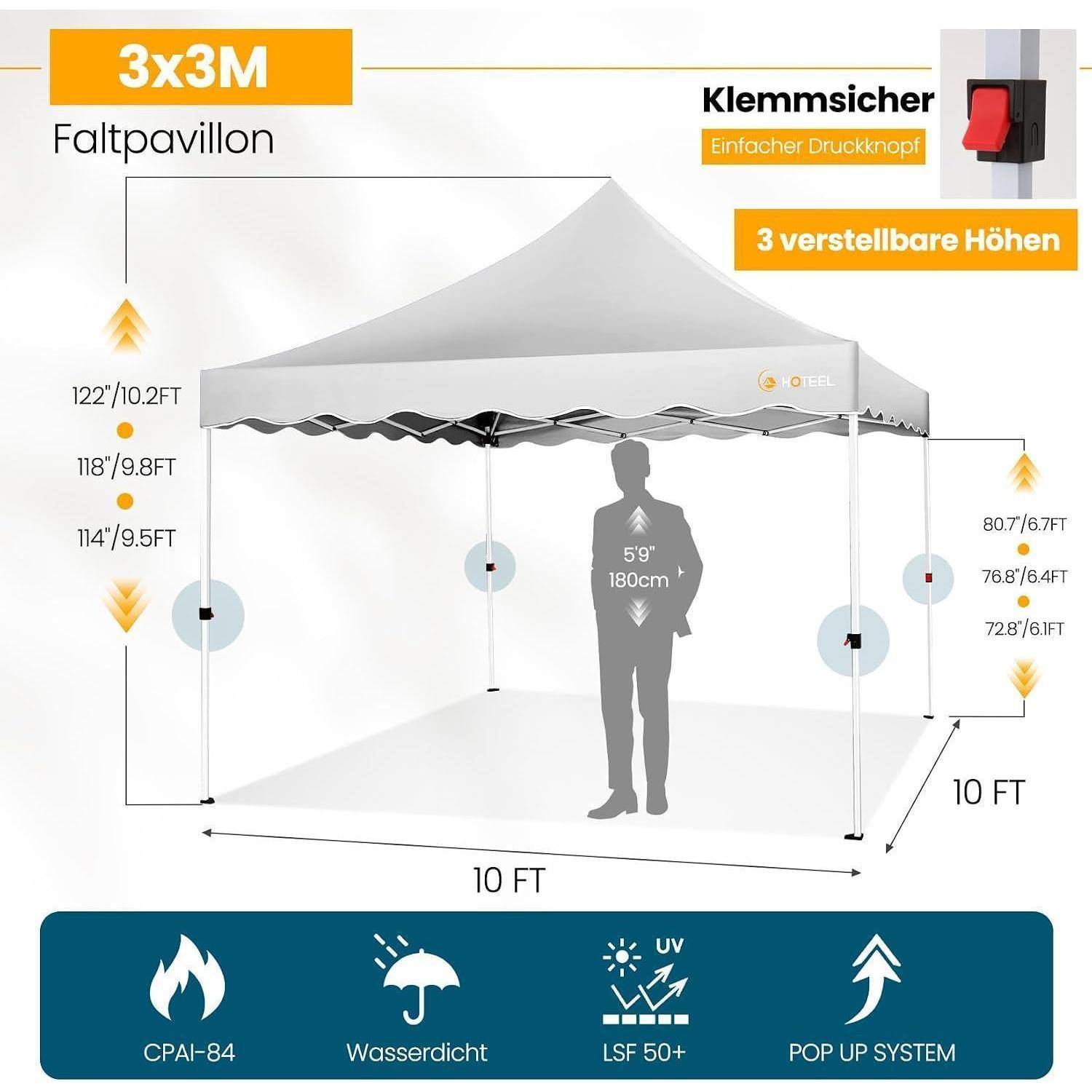 Diagramm eines 3x3 m Pop-up-Baldachins mit verstellbaren Höhen, 10 Fuß große Seiten, wasserdicht und UV50+ Eigenschaften, sowie einer Druckknopfverriegelung.