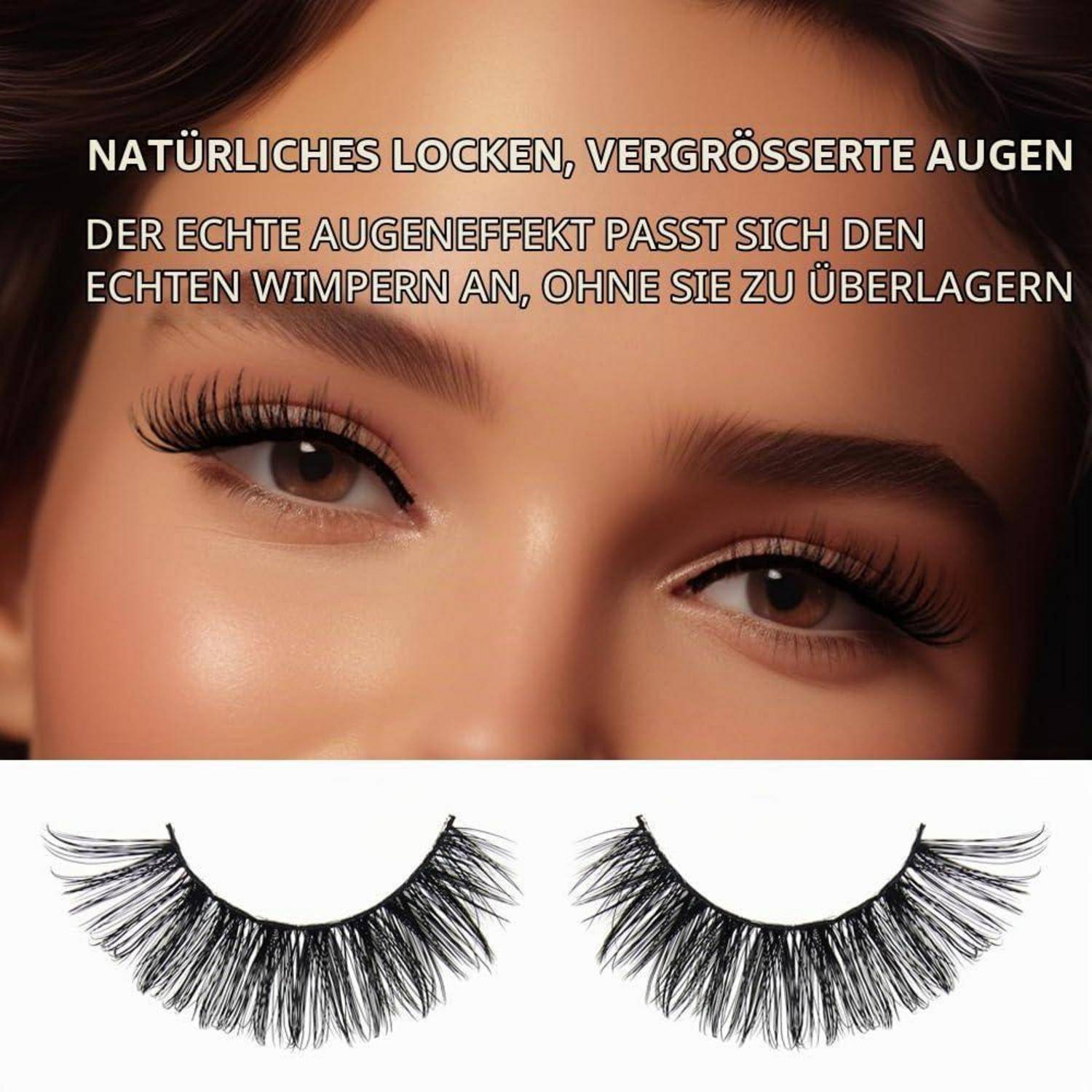 Nahaufnahme der Augen einer Frau mit fetter deutscher Schrift, die einen natürlichen Wimperneffekt bewirbt; darunter werden zwei künstliche Wimpern nebeneinander auf weißem Hintergrund gezeigt.