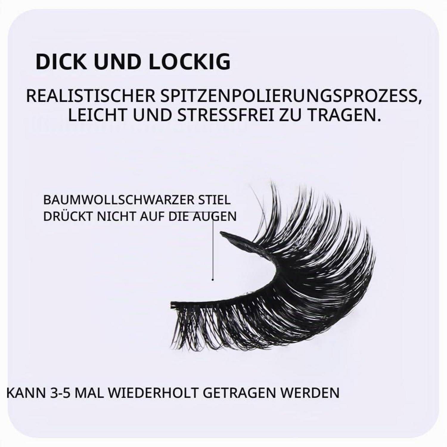 Schwarze künstliche Wimpern mit deutschem Text: 'DICK UND LOCKIG,' realistischer fluffiger Stil, baumwollschwarzes Band, wiederverwendbar 3-5 Mal.