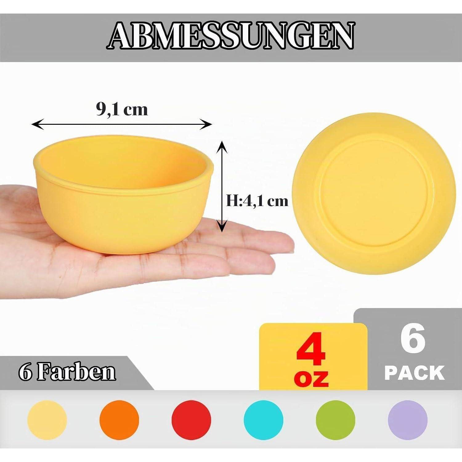Gelbe Schüssel, 4 oz, abgebildet mit Abmessungen von 9,1 cm Breite und 4,1 cm Höhe; Bildbeschriftung vermerkt 6 Farben und 6er-Pack.