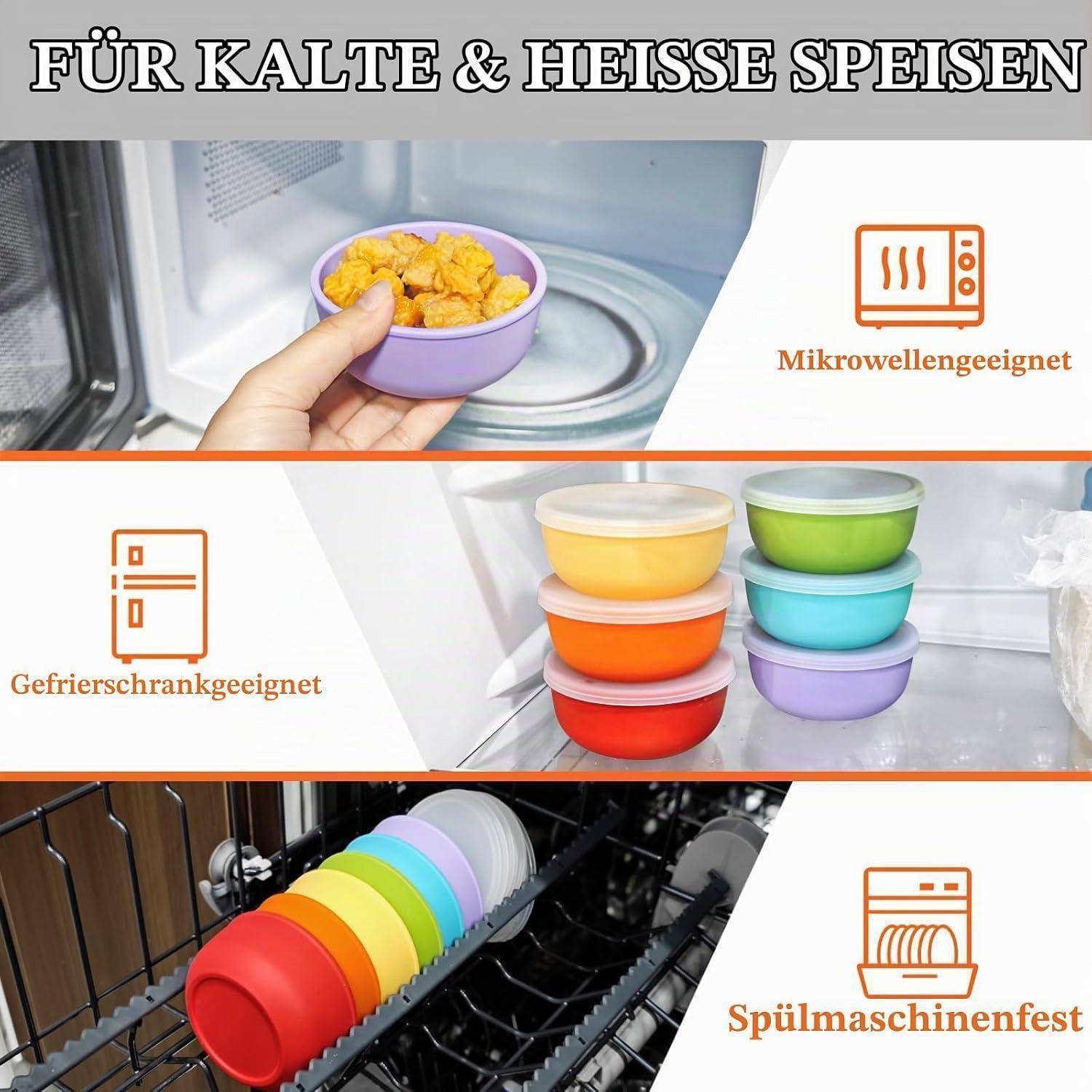 Infografik zeigt wiederverwendbare Behälter für warme und kalte Mahlzeiten; mikrowellen-, gefrier- und spülmaschinenfest, mit gestapelten farbigen Schüsseln in einem Küchengerät.