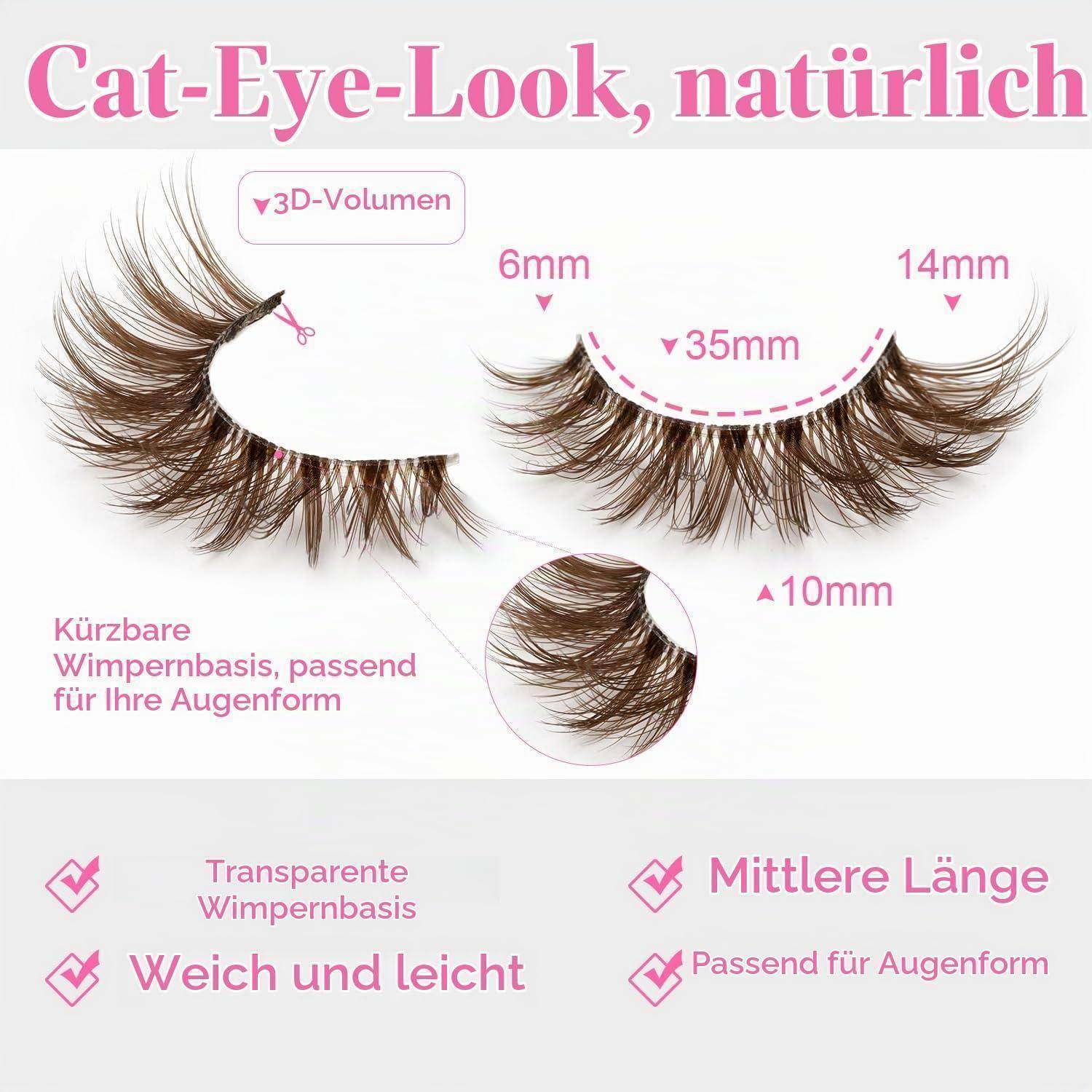 Werbegrafik für falsche Wimpern mit der Bezeichnung 'Cat-Eye-Look, natürlich', zeigt braune Cat-Eye-Wimpern mit Maßen 6mm, 35mm, 14mm, 10mm und Notizen '3D-Volumen', 'Kürzbare Wimpernbasis', 'Transparente Wimpernbasis', 'Weich und leicht', 'Mittlere Länge'.