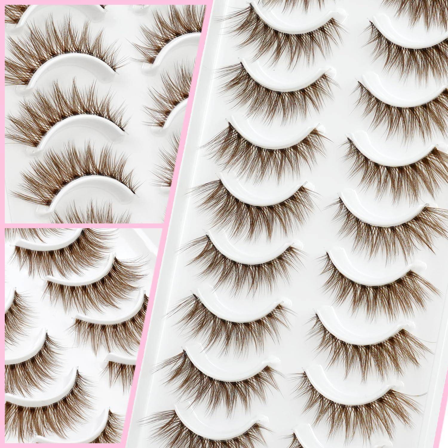 Nahaufnahme mehrerer Paar Wimpernverlängerungen, die auf weißen Tabletts angeordnet sind, in einer Collage mit rosa Rahmen dargestellt.