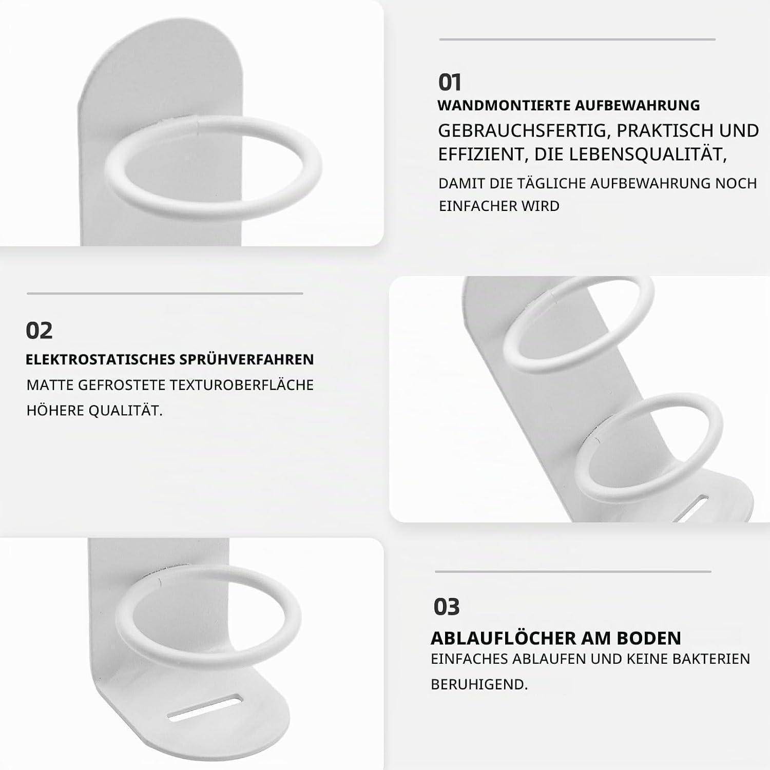 Dreiteiliges Produkt-Infografik eines weißen wandmontierten Halters, das einfache Lagerung, matte elektrostatische Sprühoberfläche und Bodenablasslöcher zur einfachen Reinigung und Bakterienkontrolle zeigt.