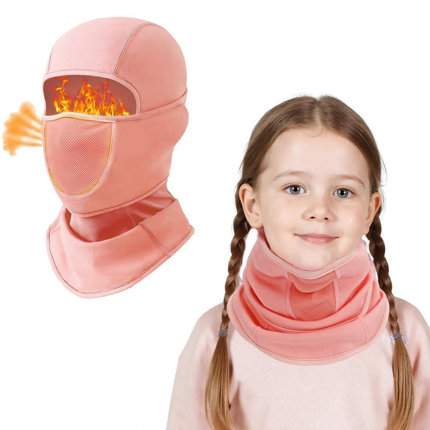 Mädchen mit einer rosa feuerfesten Gesichts- und Nackenhaube; die Vergrößerung zeigt Flammen und Luftströmung und demonstriert Wärmeschutz und Rauchschutz.
