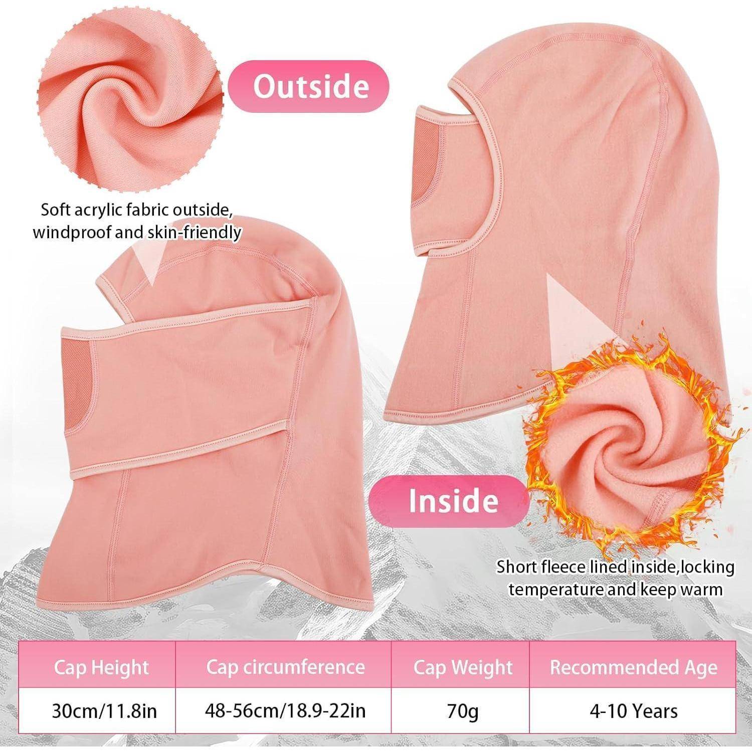 Rosa Kinder-Winterbalaclava, innen und außen gezeigt, mit weichem Acryl-Außenstoff und kurzer Fleece-Fütterung; Größentabelle listet 30cm Höhe, 48-56cm Kopfumfang, 70g, Alter 4-10 Jahre.