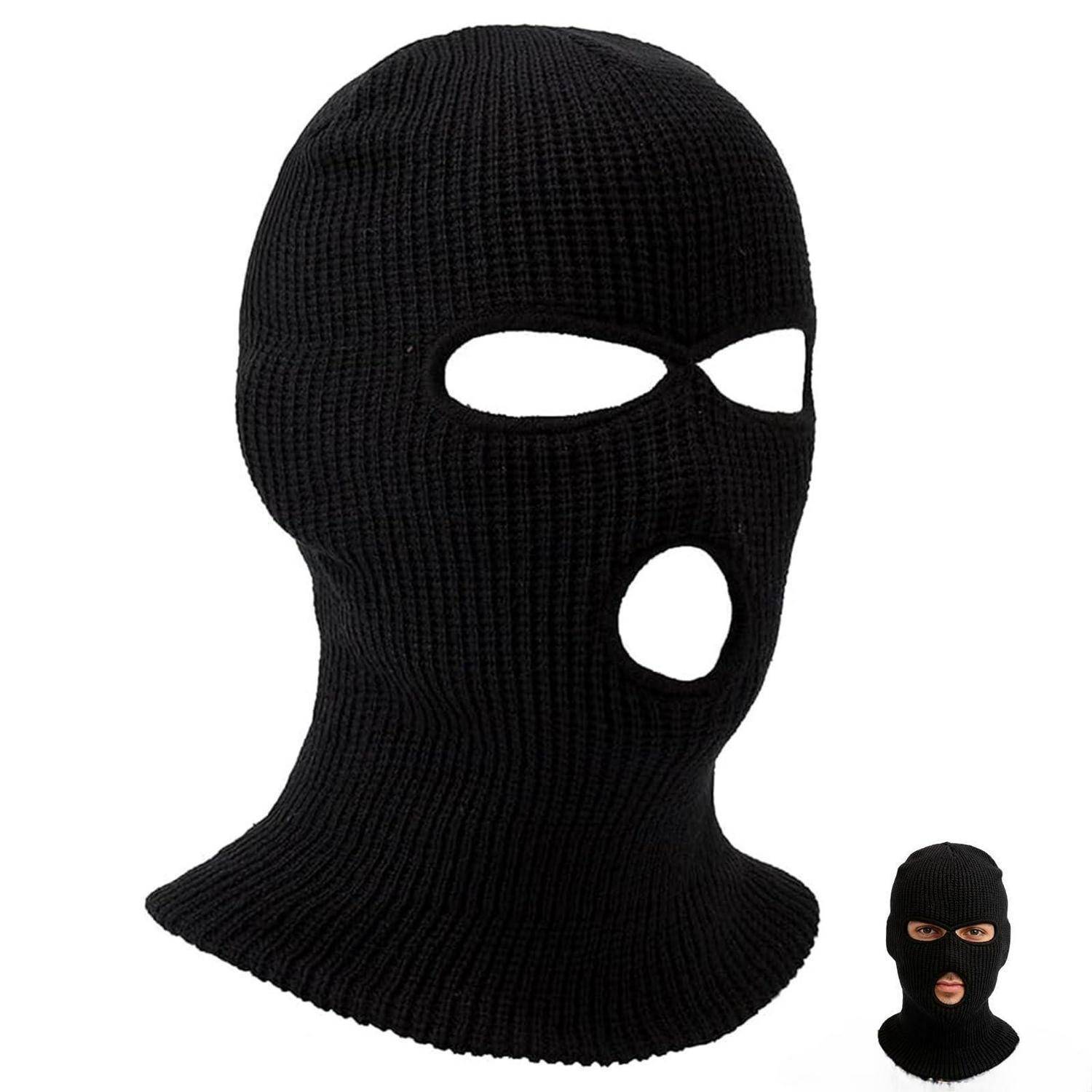 Schwarze gestrickte Skimaske mit Augen- und Mundöffnungen, gezeigt auf weißem Hintergrund mit kleinem Thumbnail-Bild der gleichen Maske.