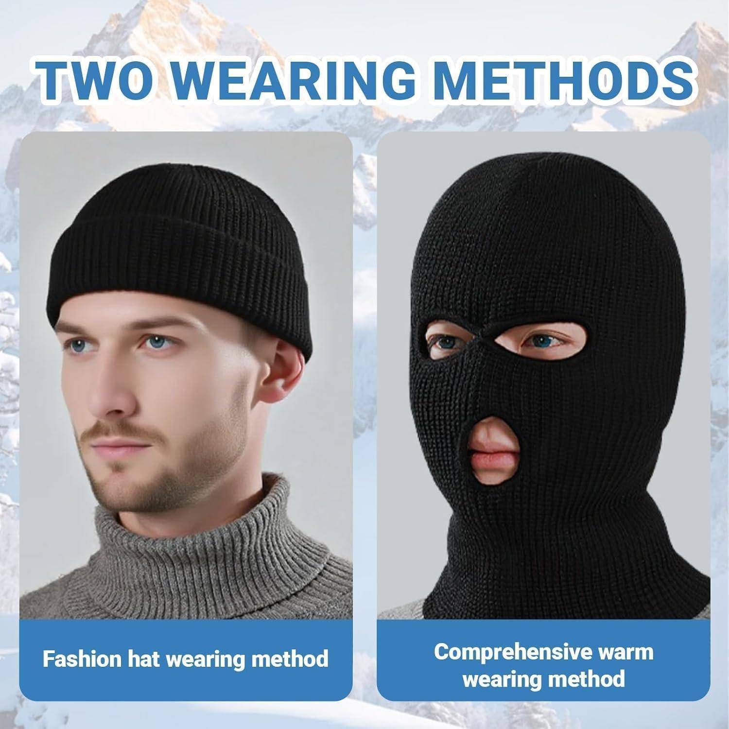 Infografik mit dem Titel „ZWEI TRAGEWEISEN" zeigt eine schwarze Strickmütze, die auf zwei Arten getragen wird: als modische Beanie oder heruntergezogen als vollständige Gesichtsmaske zum Schutz vor Kälte.