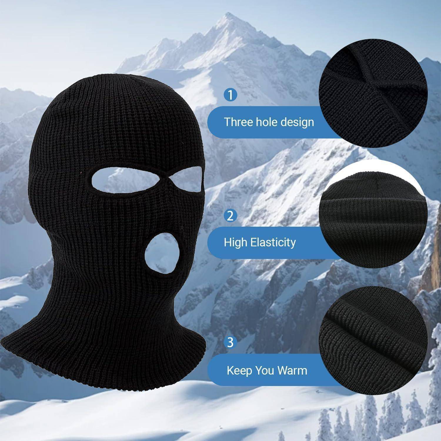 Schwarze gestrickte Sturmhaube Skimaske mit drei Löchern, beschriftet mit „Drei-Loch-Design", „Hohe Elastizität"" und „Hält dich warm"" vor einem verschneiten Berghintergrund.