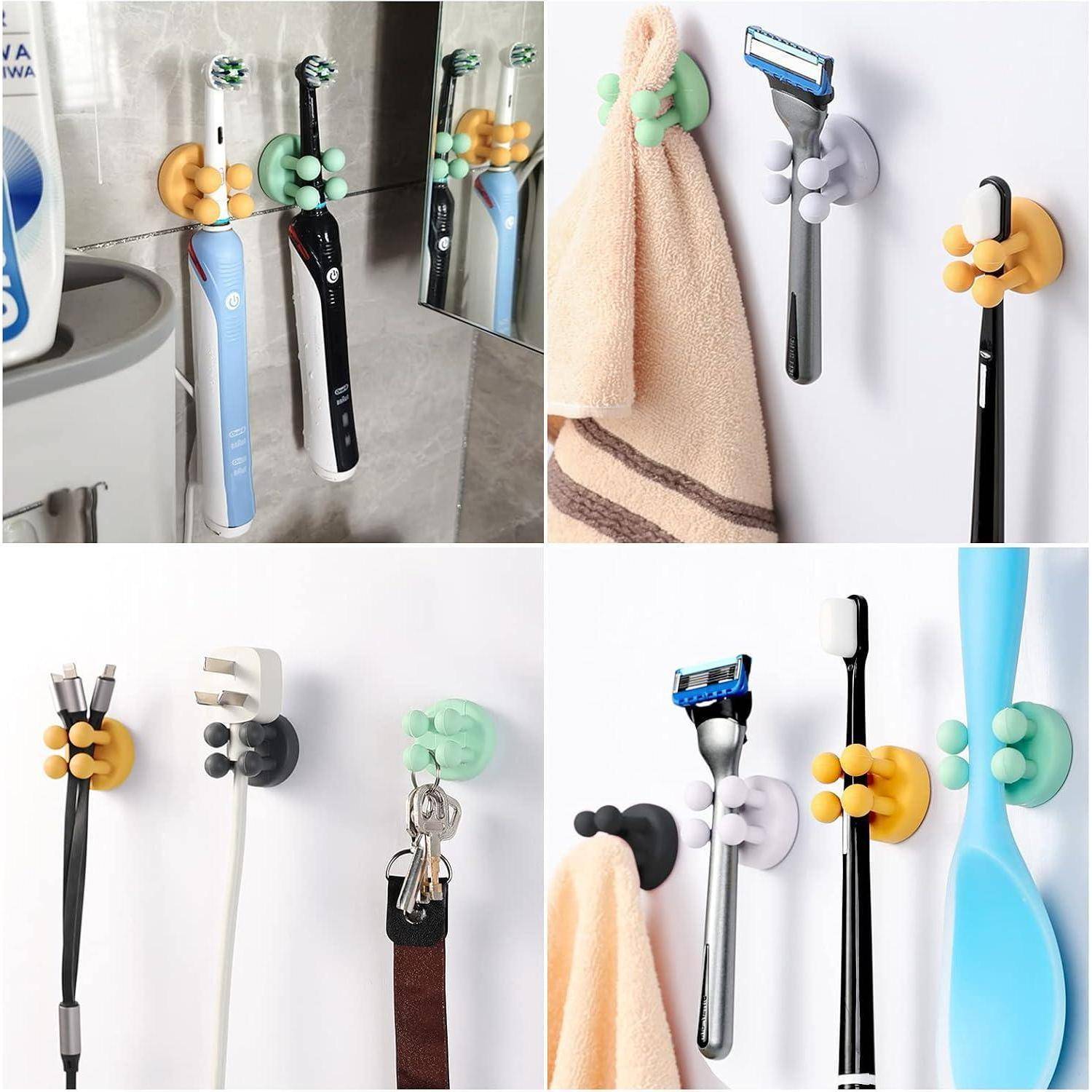 Kollage von wandmontierten Silikonhaltern, die Zahnbürsten, Rasierer, Handtücher, Schlüssel und Reinigungswerkzeuge in einem Badezimmer oder Dienstbereich festhalten.