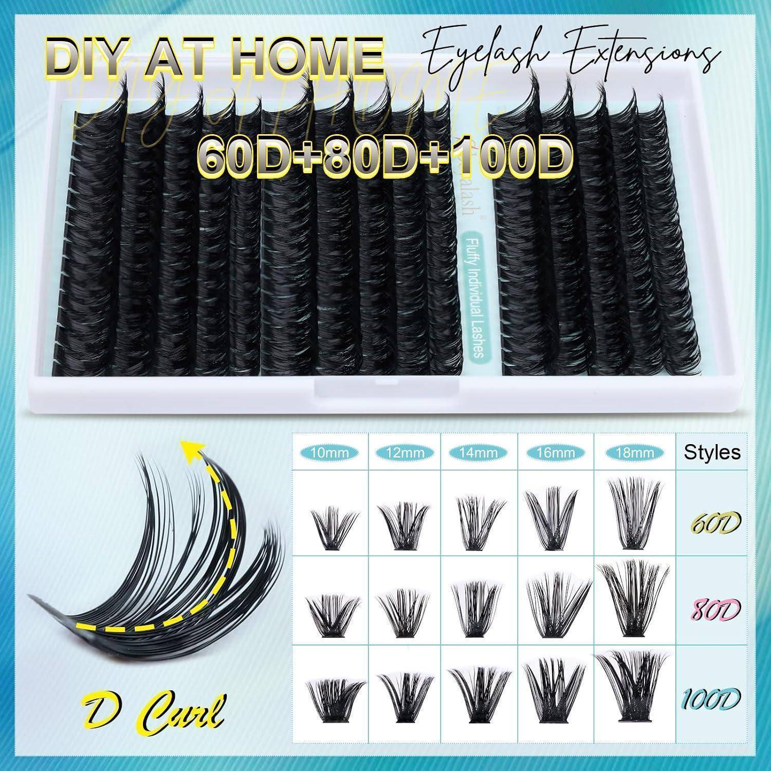 Werbebild für DIY-Wimpernverlängerungen zu Hause, das drei Wimpernlängen, D-Locke und ein Stildiagramm zeigt, das 60D, 80D und 100D mit Größen von 10 mm bis 18 mm vergleicht.