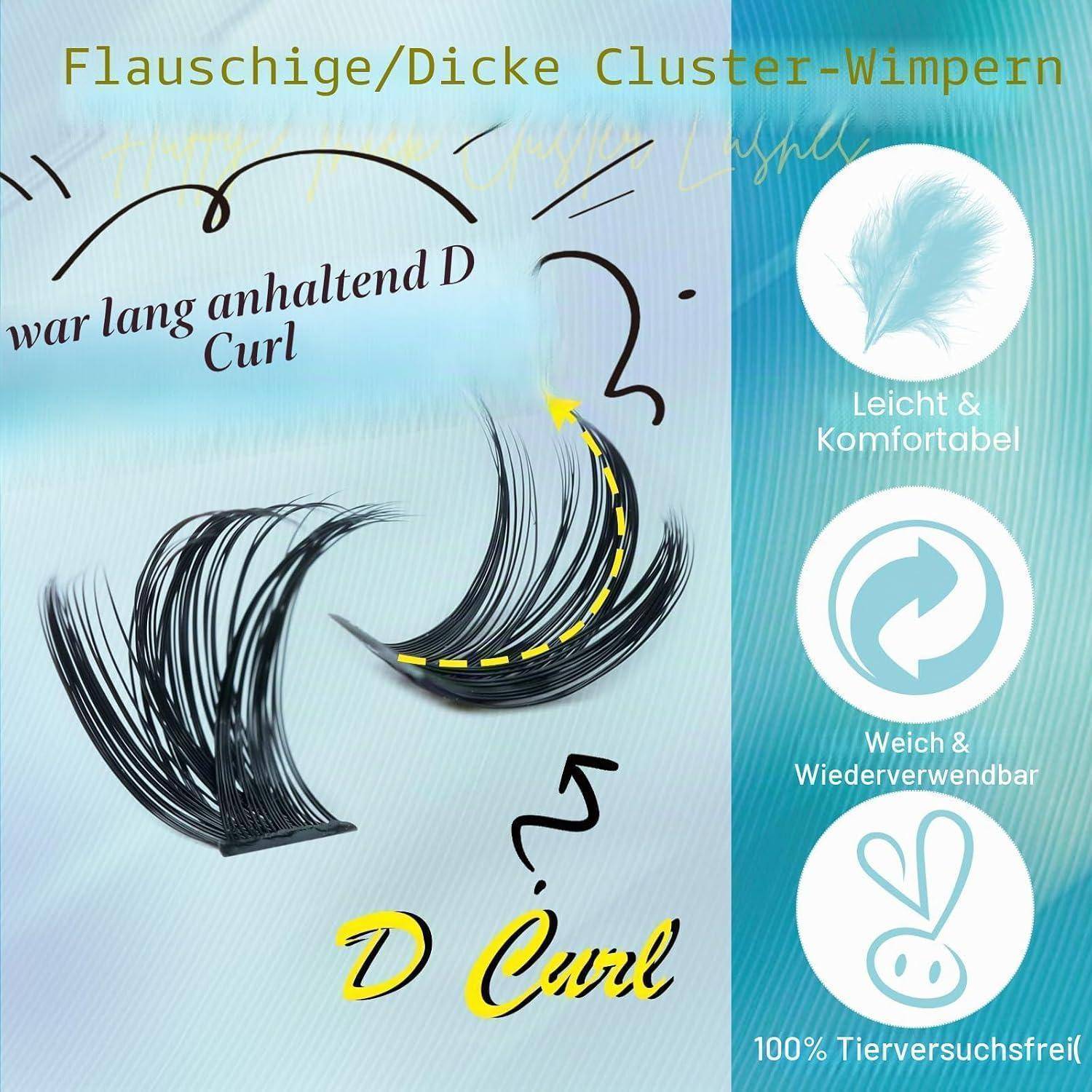 Werbegrafik für flauschige dicke Cluster-Wimpernverlängerungen mit langem D-Curl, zeigt die Form des Wimpernstreifens und Symbole für leicht, wiederverwendbar und tierversuchsfrei.