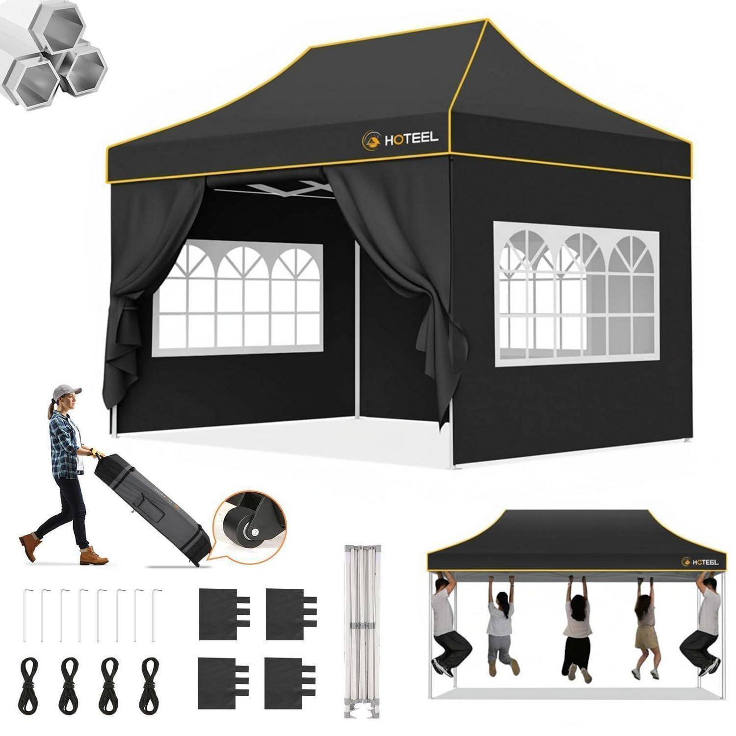 Produktbild eines schwarzen Pop-up-Baldachins mit Fenstern, Vorhängen, Tragetasche, Heringen, Verbindungsstücken und einer Hängeleiste, das einfachen Transport und Montage zeigt.