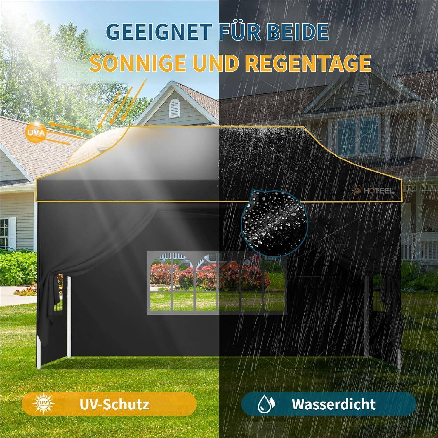 Werbegrafik eines schwarzen Outdoor-Zelts, aufgeteilt zwischen sonnigen und regnerischen Szenen, die zeigt, dass es für beide Wetterbedingungen mit UV-Schutz und wasserdichten Eigenschaften geeignet ist.