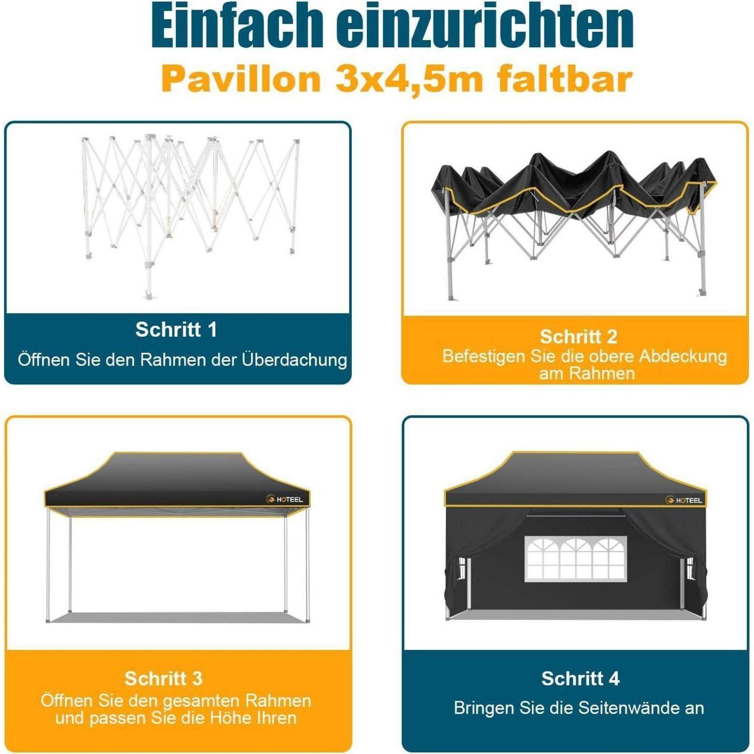 Hoteel Pavillon 3x4,5 Wasserdicht Stabil Winterfest,Verstärkter Faltpavillon mit Sechskantrohr-Gestell,Anti-UV Partyzelt Faltbar Gartenpavillon für