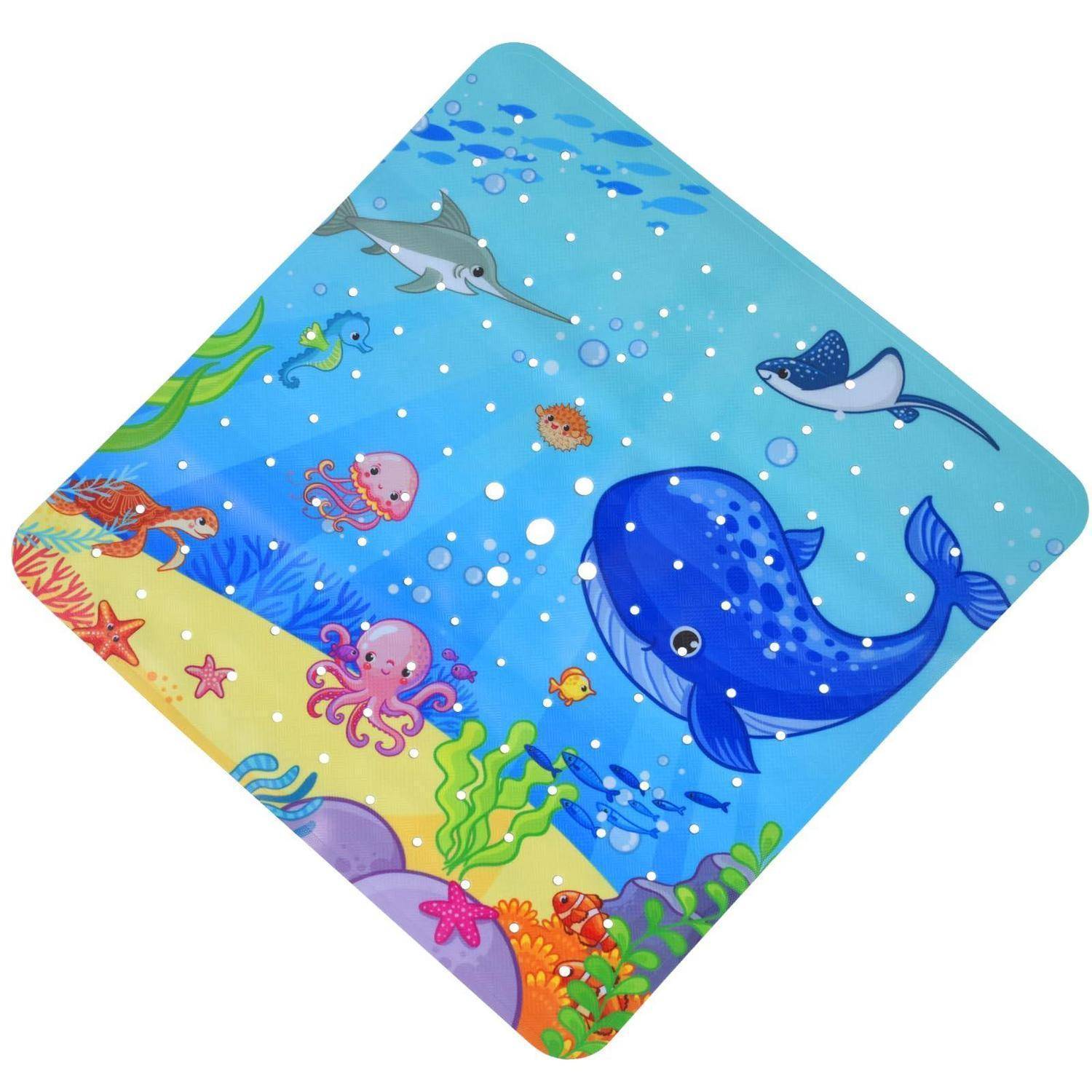 Farbenfrohe Unterwasserillustration auf einer diamantförmigen Matte mit Wal, Rochen, Fisch, Oktopus, Seestern und Koralle auf blauem Meereshintergrund.
