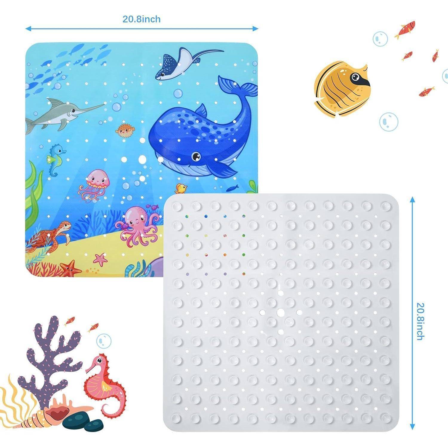 Illustrierte 20,8-Zoll-Badmatte mit quadratischer Form und erhabenen weißen Saugnäpfen, dargestellt mit bunten Unterwasser-Ozeandesigns und Meereslebewesen.
